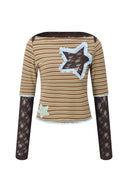 Collaged Stripe Star Top (Brown)