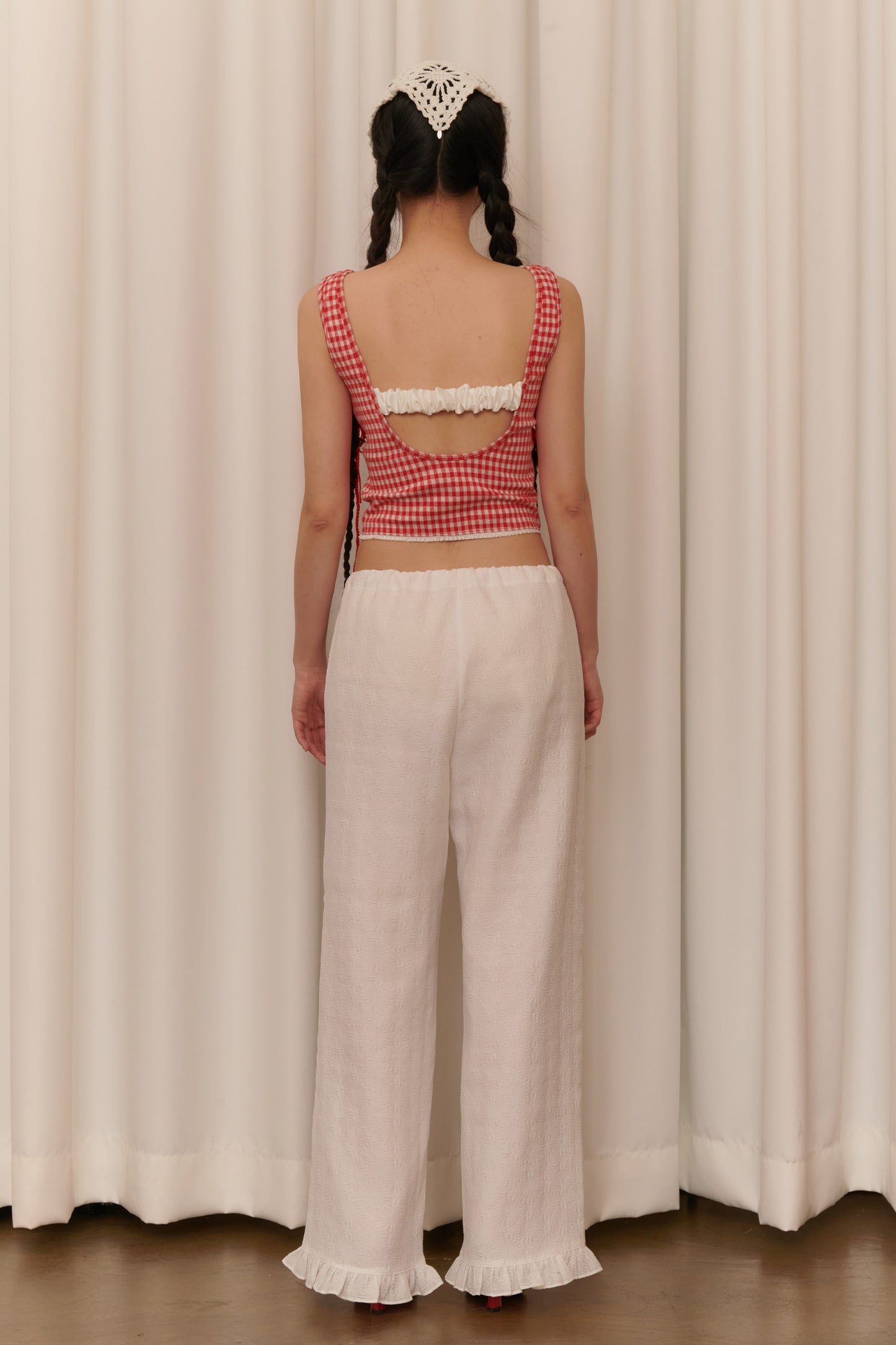 Gingham Lace Trim Sleeveless Top (Red)