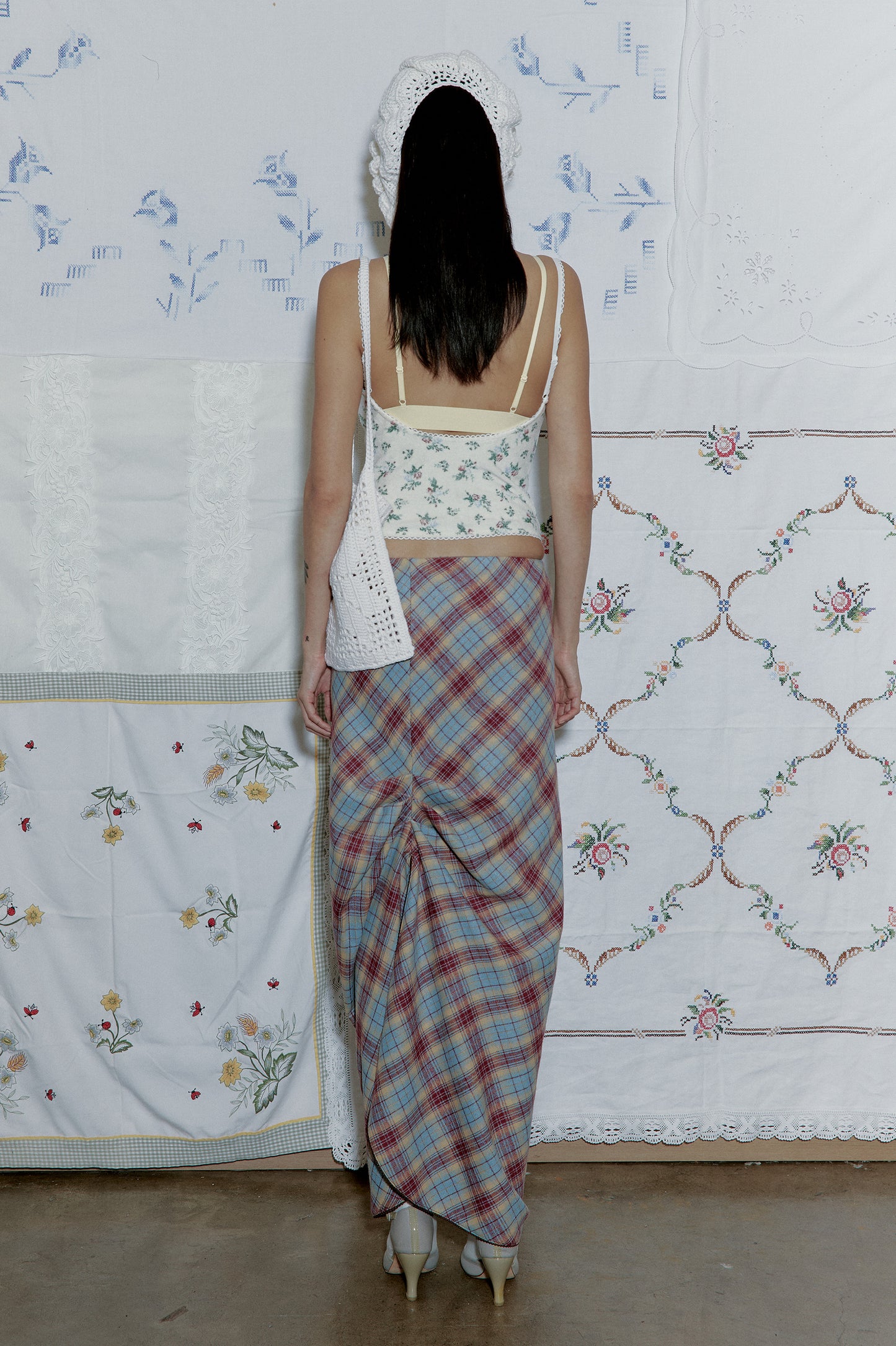 Drape Plaid Long Skirt (Blue)