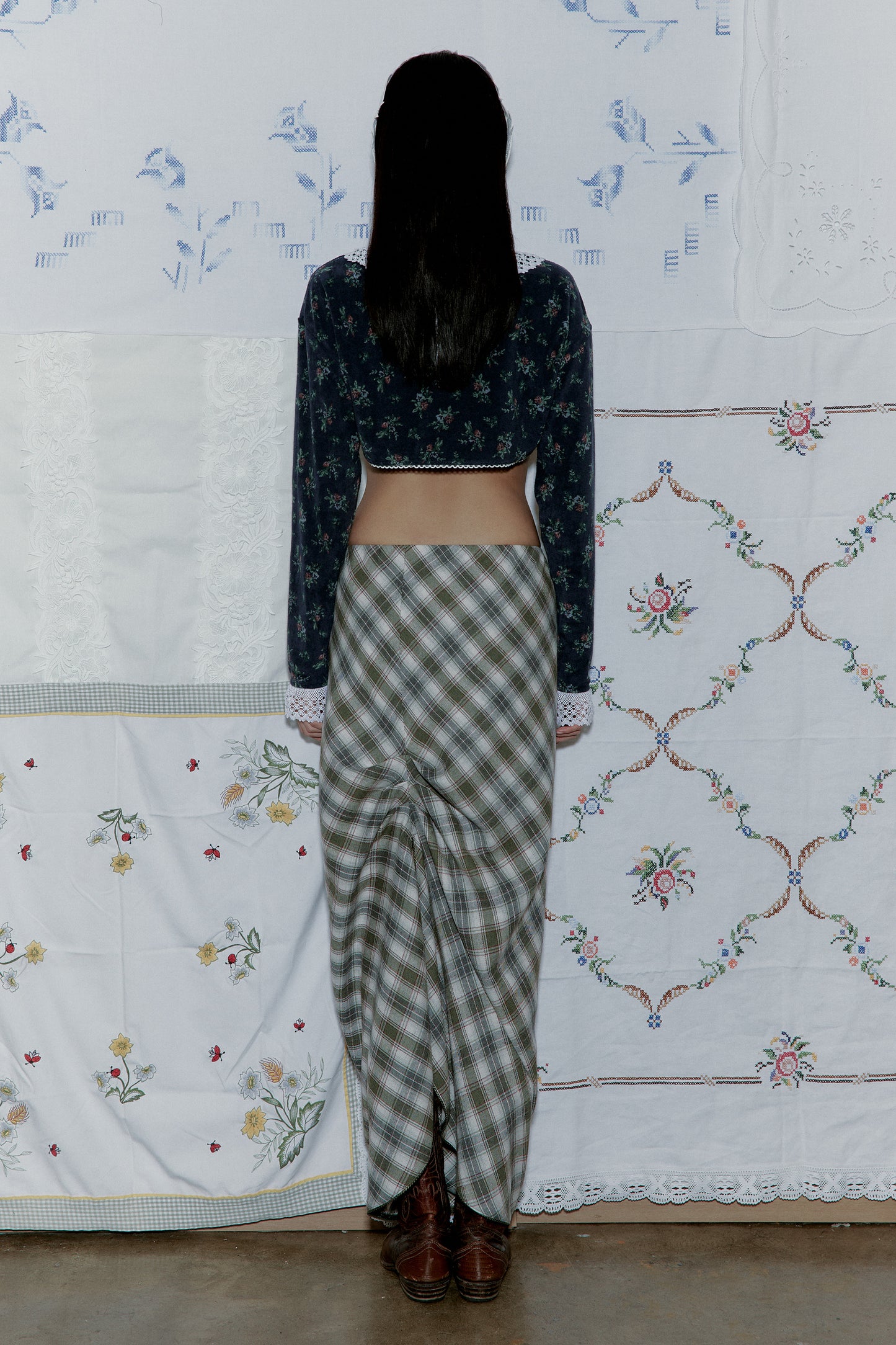 Drape Plaid Long Skirt (Khaki)
