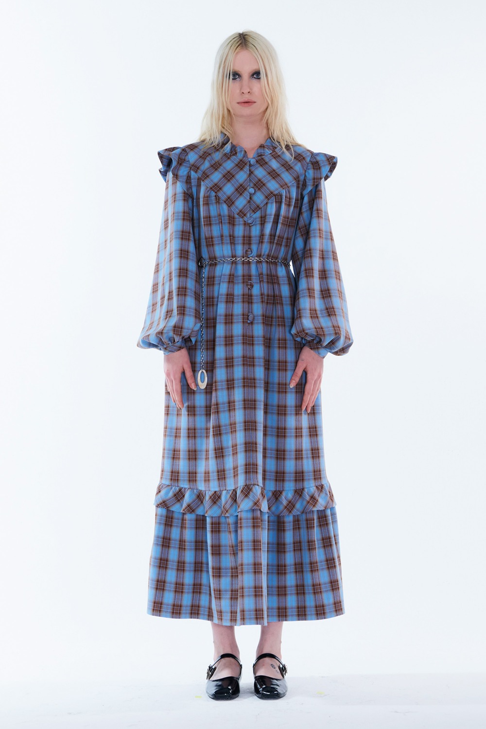 Check pattern ruffle dress / BLUE
