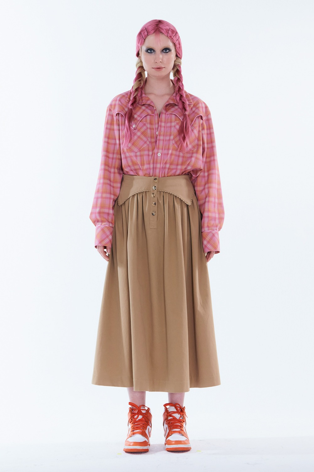 Bustier shirring cotton skirt / Beige