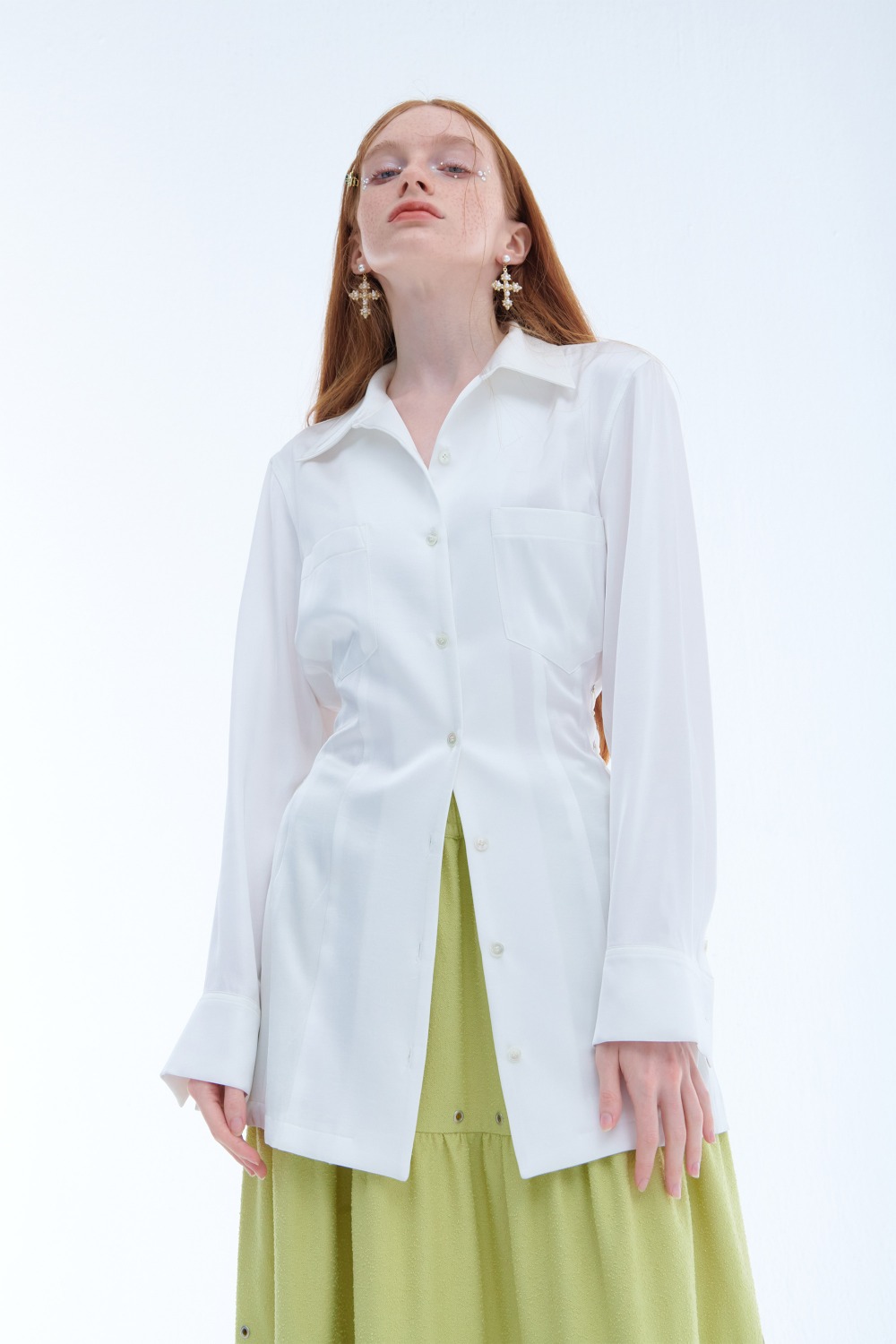 Corset silky shirts dress_WHITE