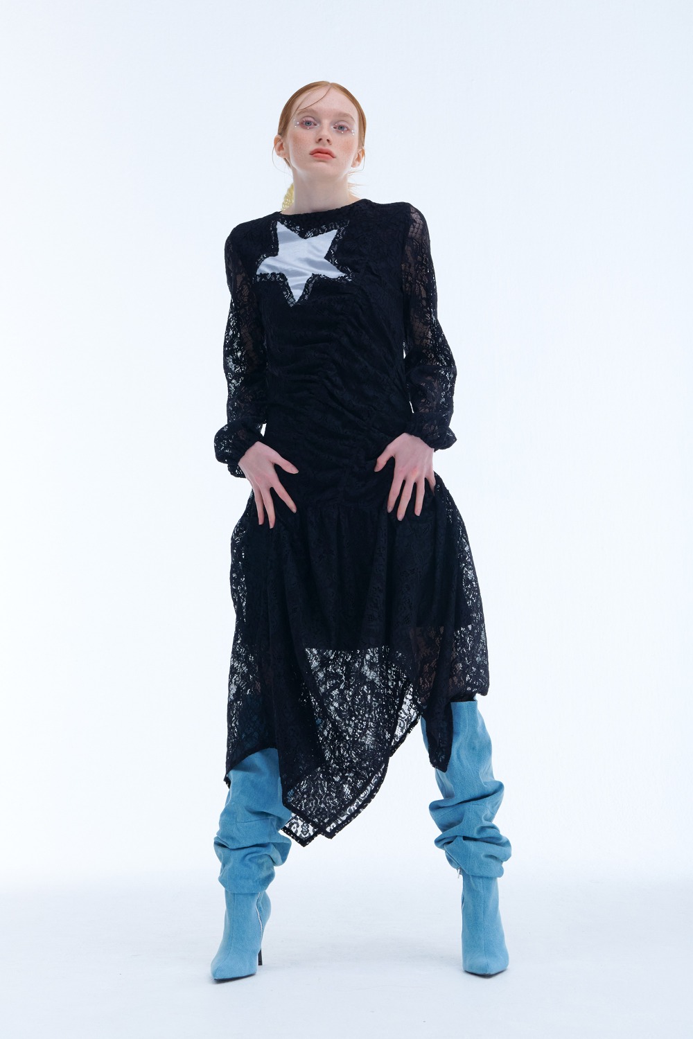Lace asymmetric star dress_BLACK