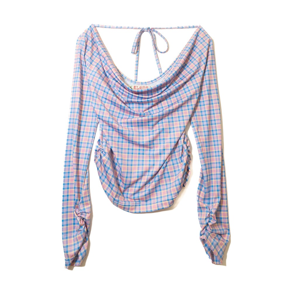 Checked Pattern Cowl Neck T_PINK
