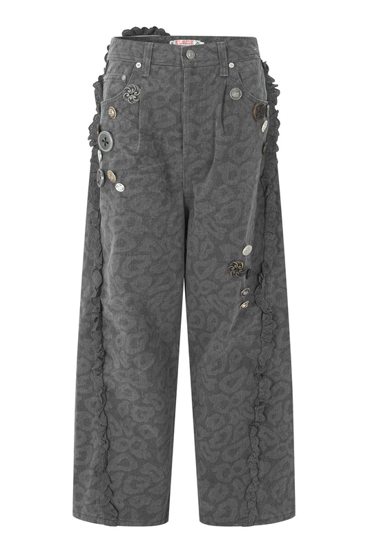 So Many Buttons Leopard Pants (Charcoal)