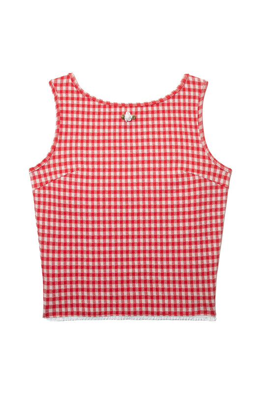 Gingham Lace Trim Sleeveless Top (Red)