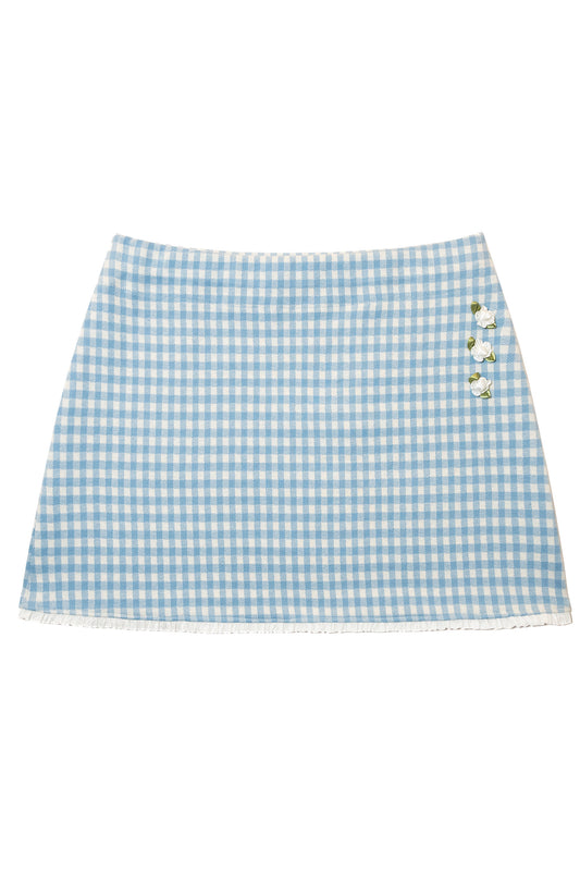 Gingham Lace Trim Mini Skirt (Light Blue)