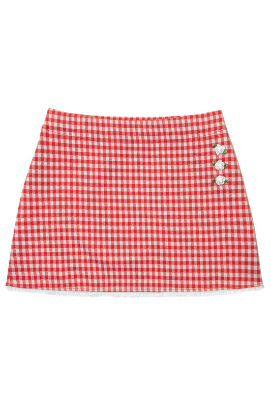Gingham Lace Trim Mini Skirt (Red)