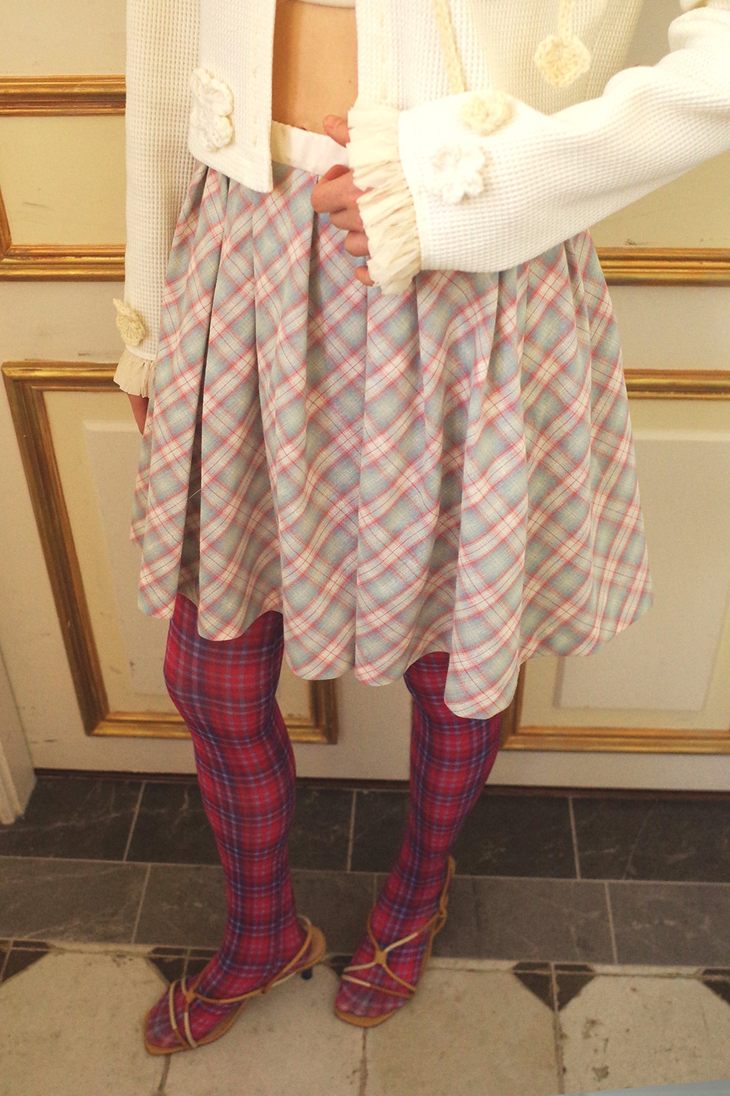Pleats Full Midi Skirt (Plaid)