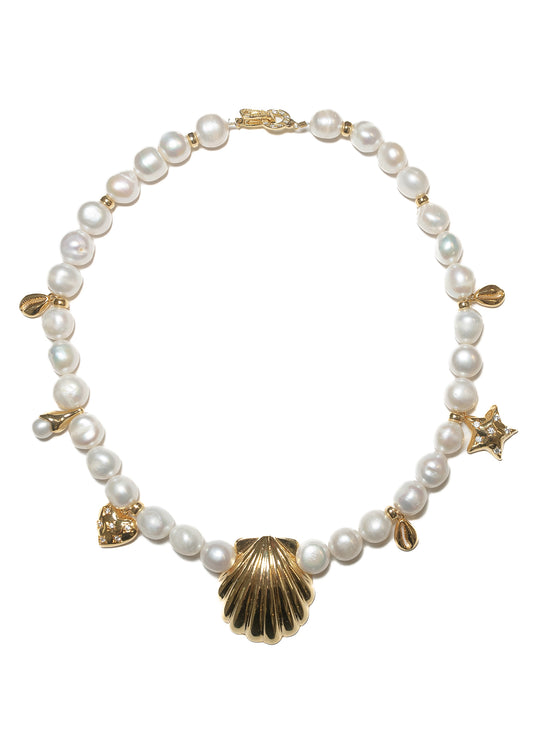 Fresh Water Pearl & Scallop Necklace (Gold)