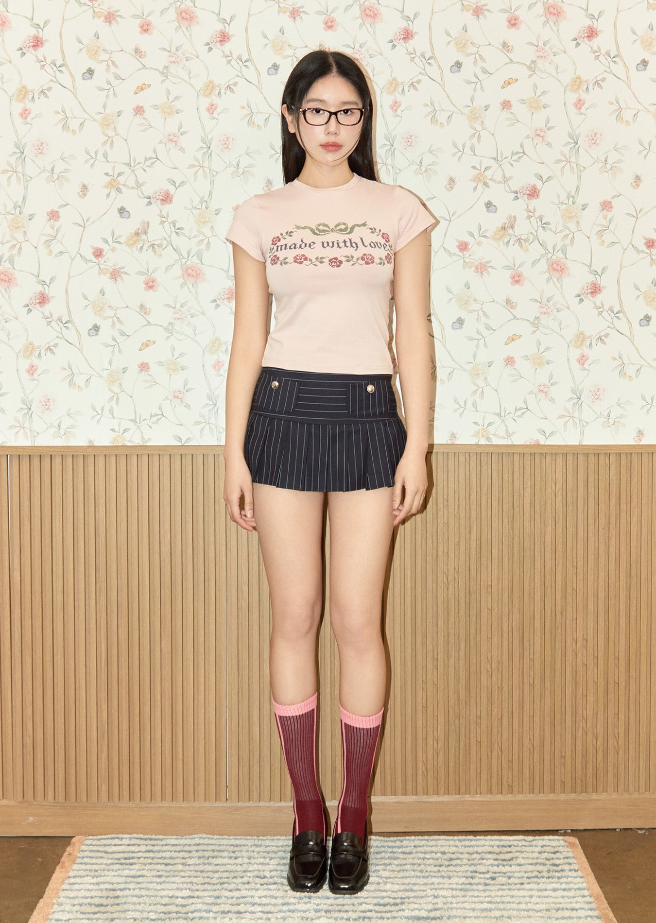 Pin Stripe Pleats Skirt Pants (Navy)