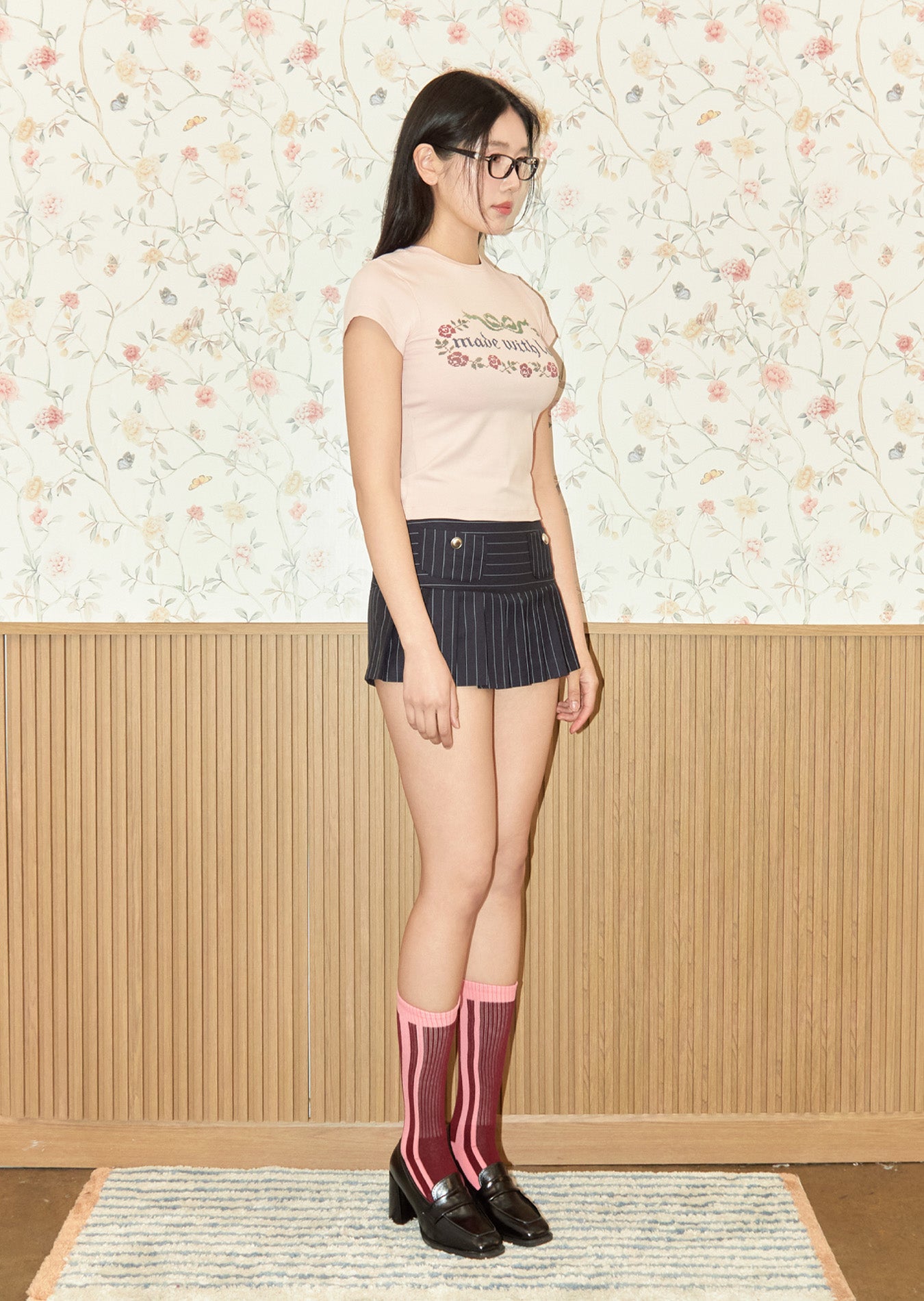 Pin Stripe Pleats Skirt Pants (Navy)