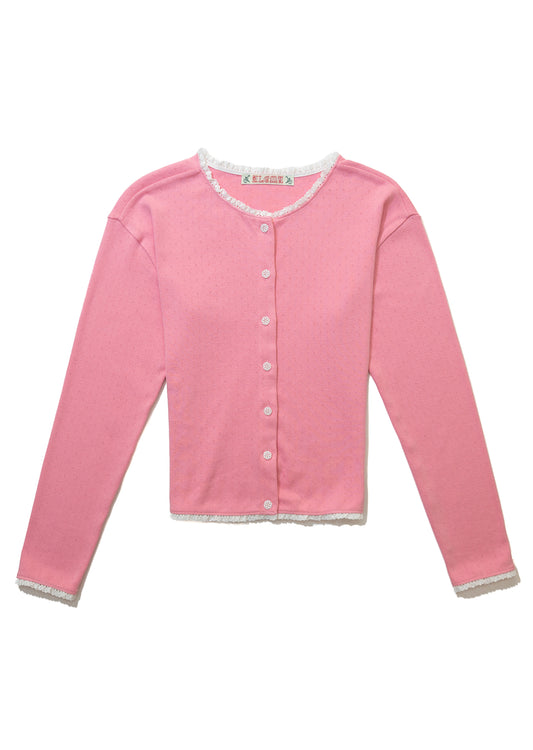 Lace Trim Eyelet Cardigan (Pink)