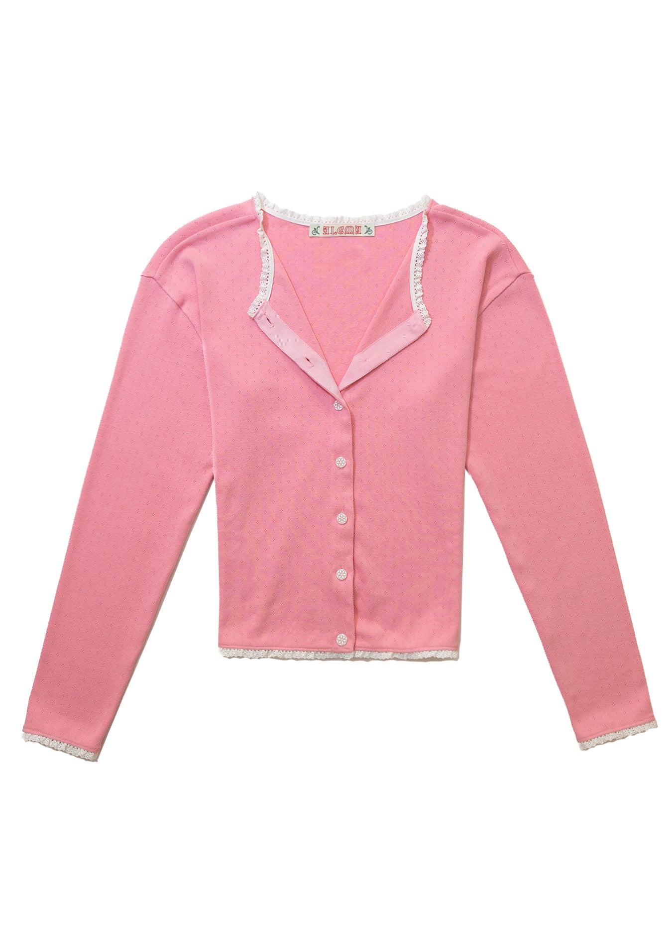 Lace Trim Eyelet Cardigan (Pink)