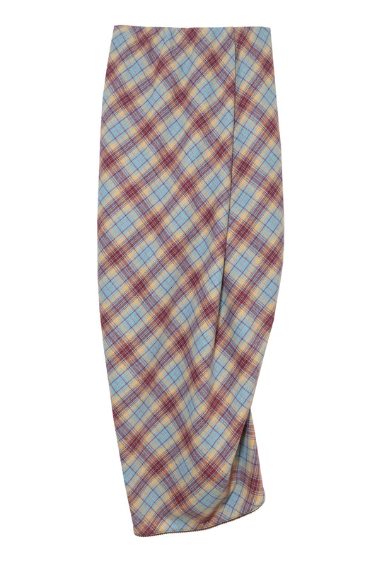 Drape Plaid Long Skirt (Blue)