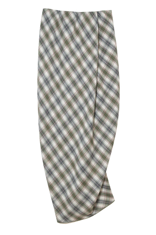 Drape Plaid Long Skirt (Khaki)