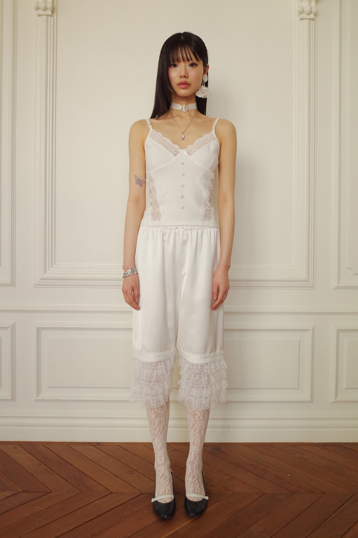 Tiered Lace Satin Pants (White)