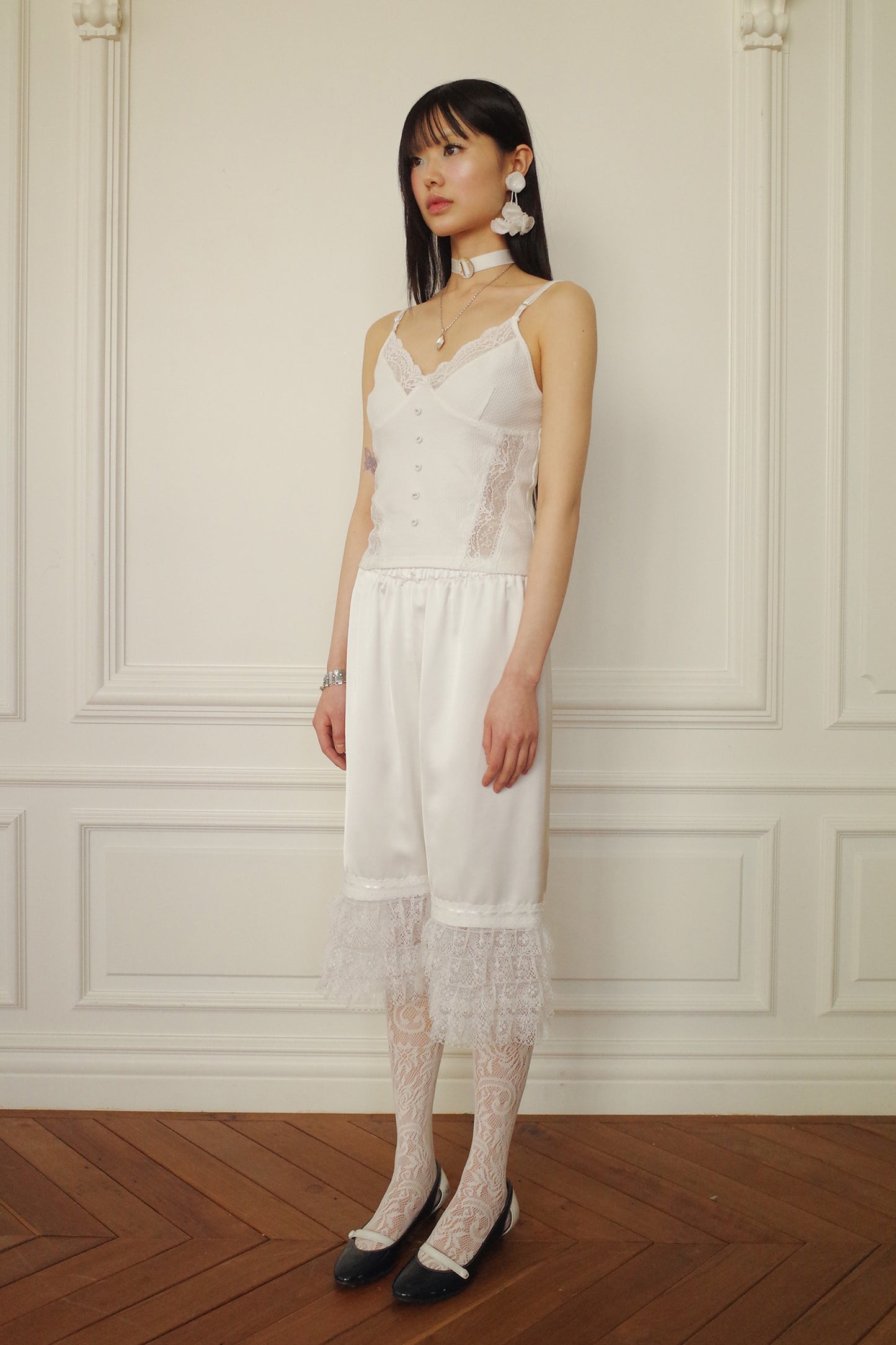 Tiered Lace Satin Pants (White)