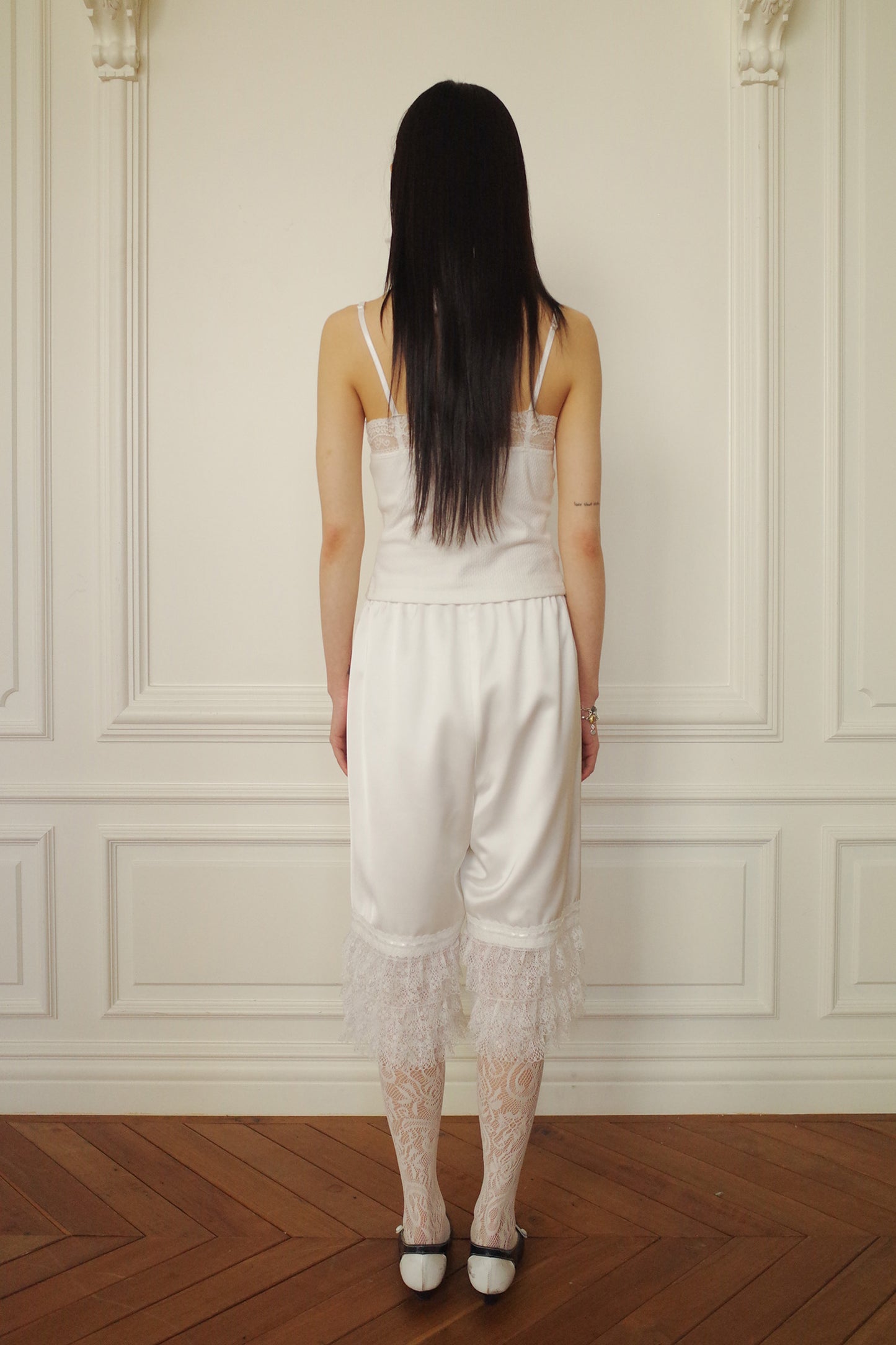 Tiered Lace Satin Pants (White)