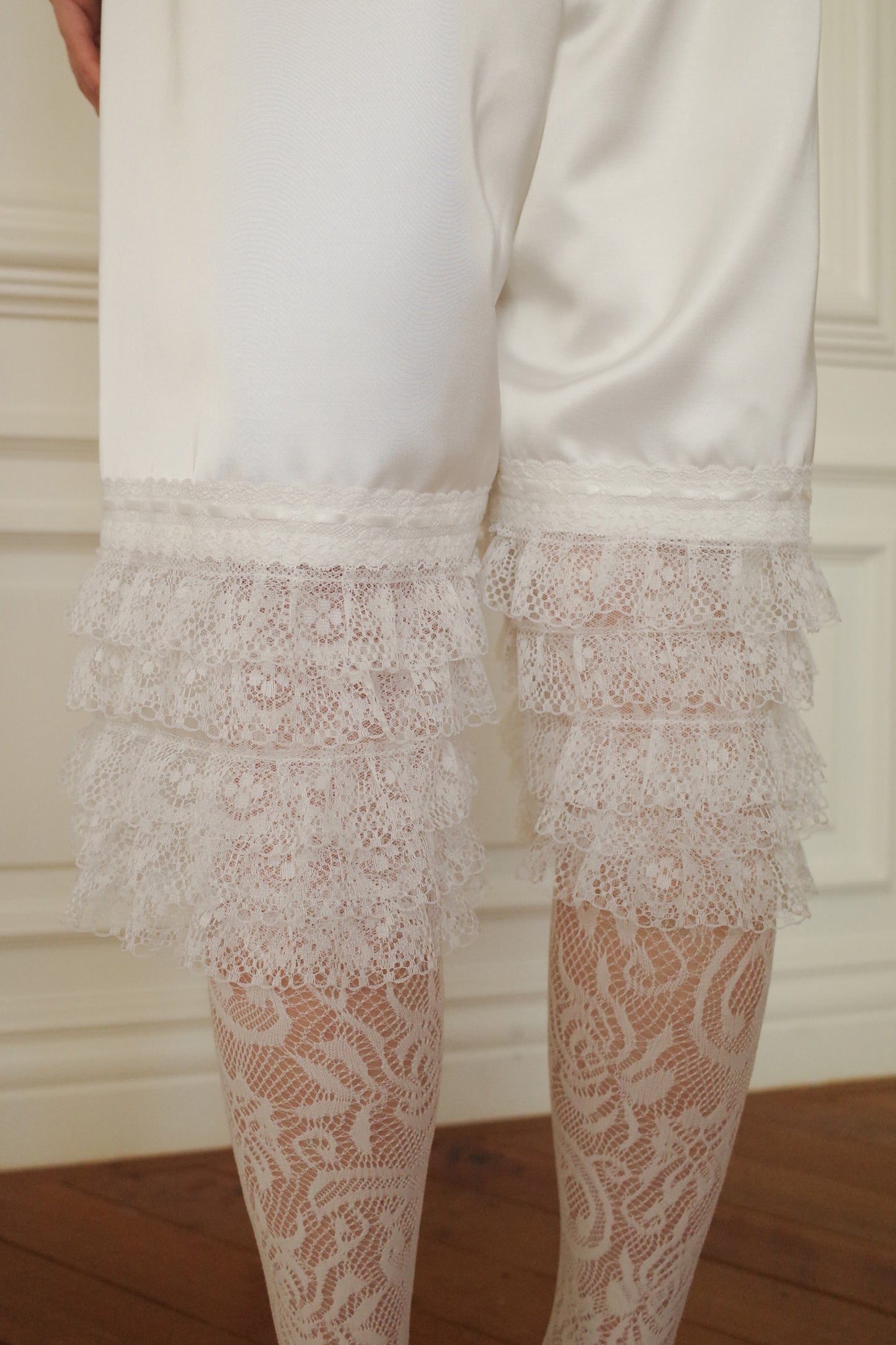 Tiered Lace Satin Pants (White)