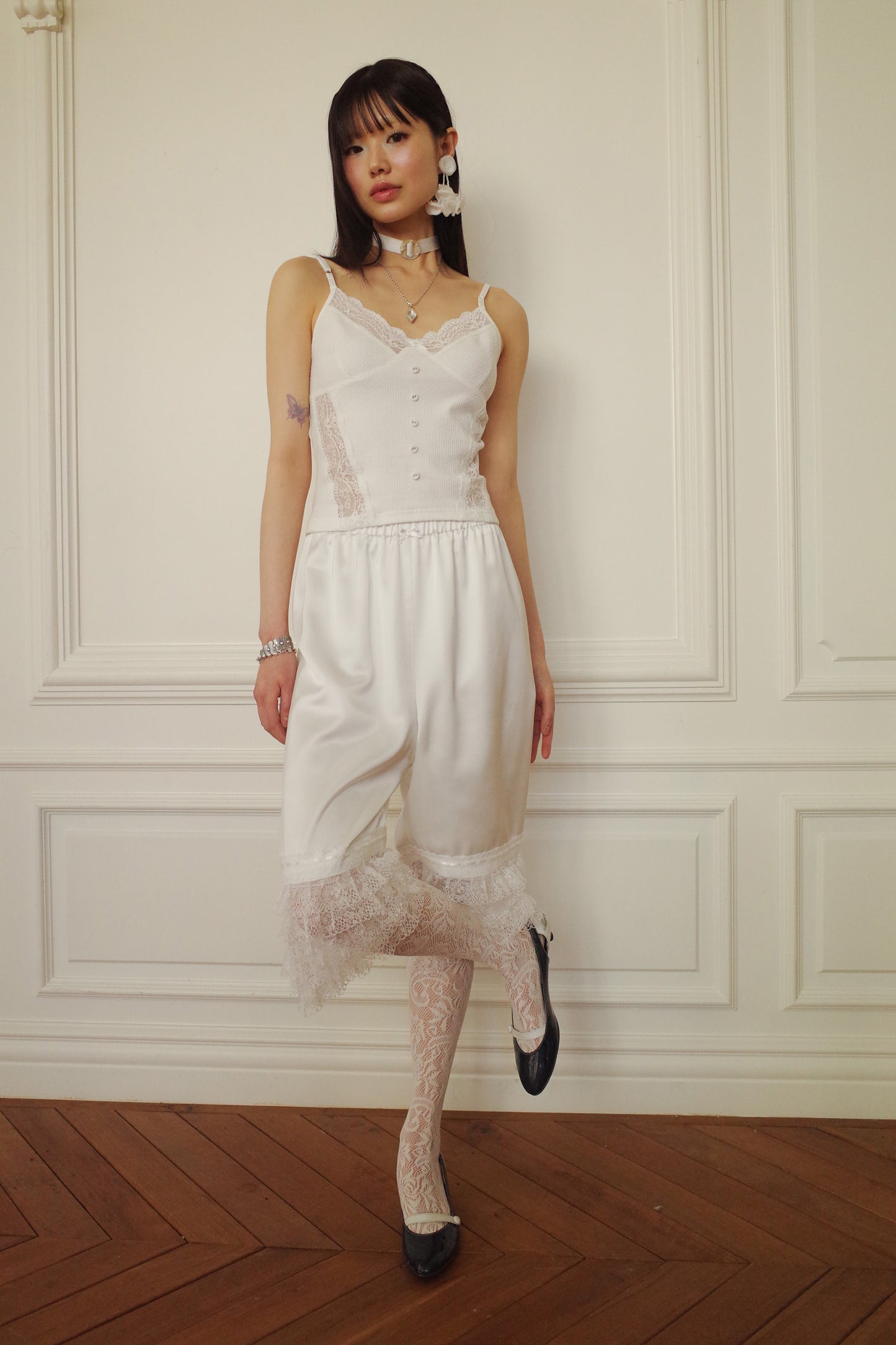 Tiered Lace Satin Pants (White)