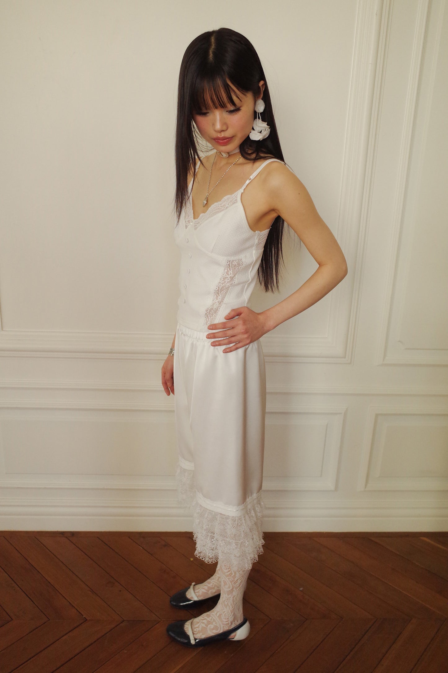 Tiered Lace Satin Pants (White)