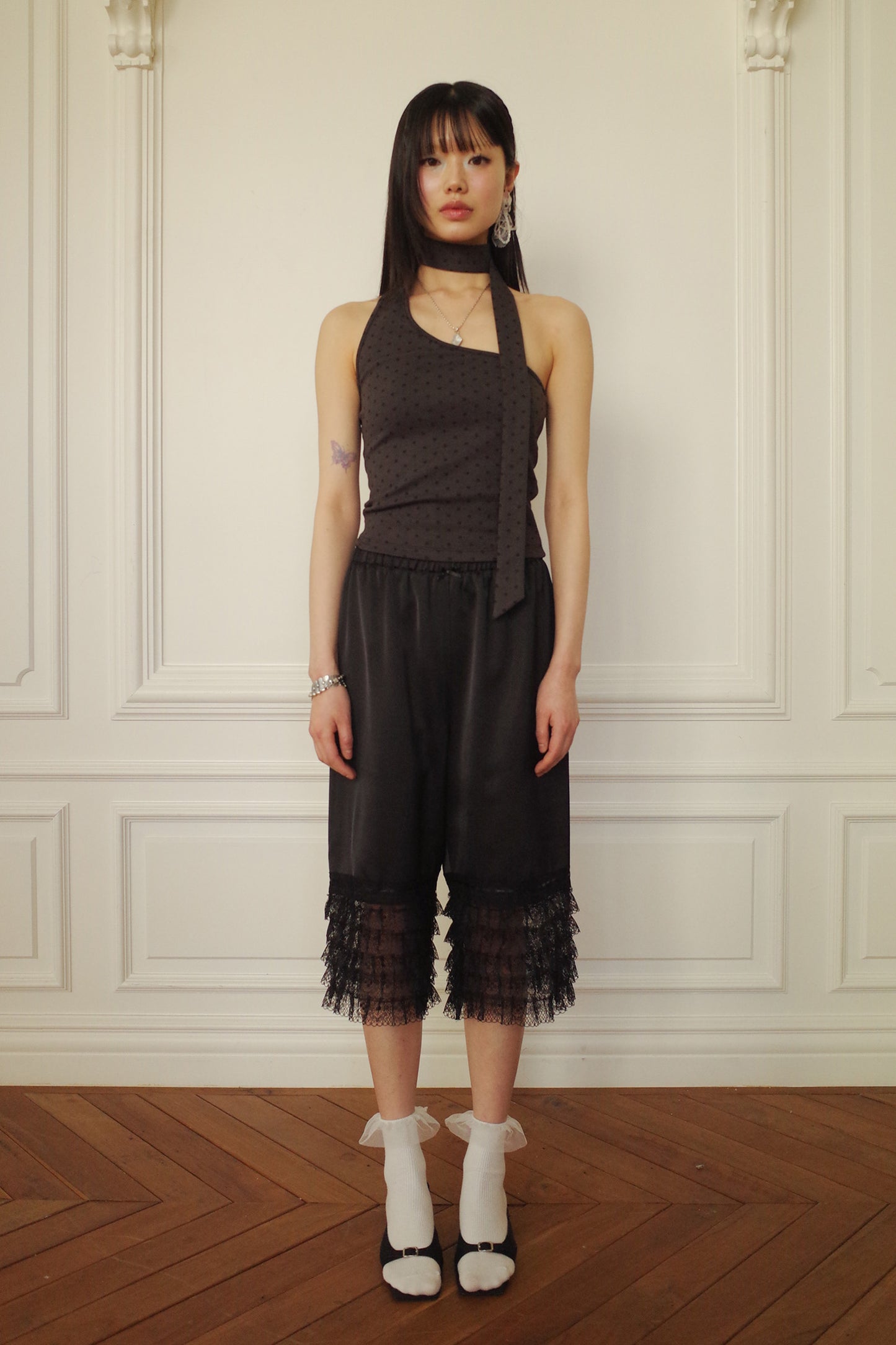 Tiered Lace Satin Pants (Black)