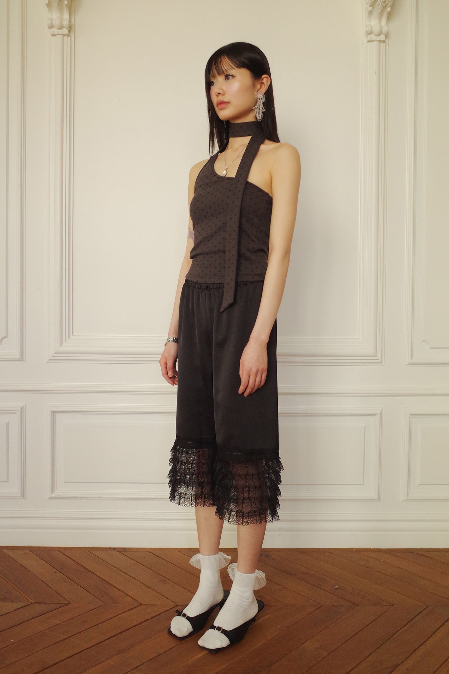Tiered Lace Satin Pants (Black)