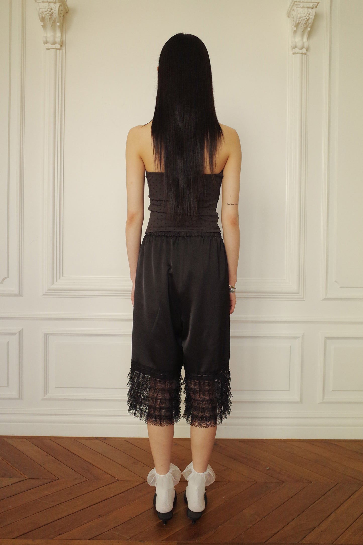 Tiered Lace Satin Pants (Black)