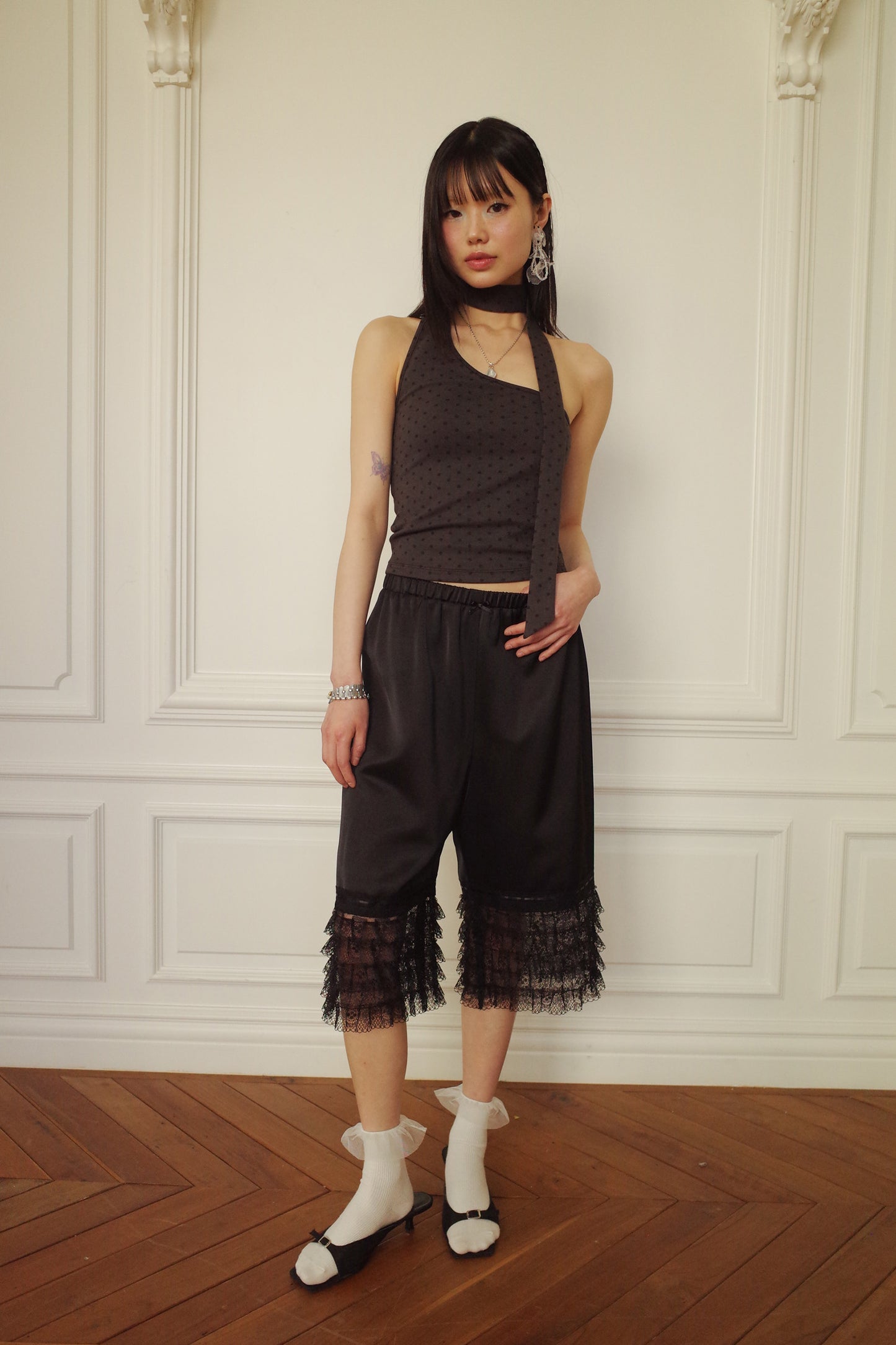 Tiered Lace Satin Pants (Black)