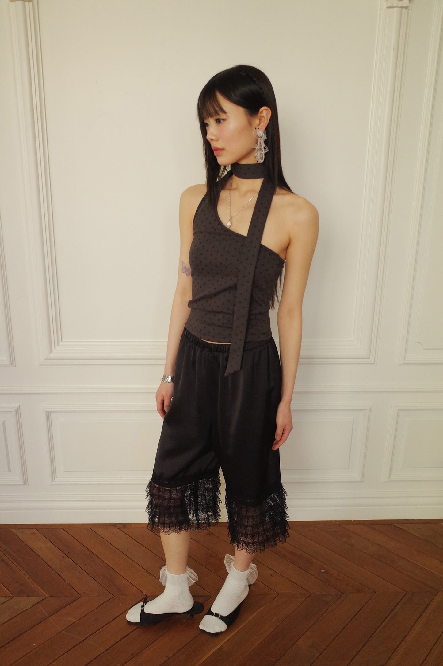 Tiered Lace Satin Pants (Black)