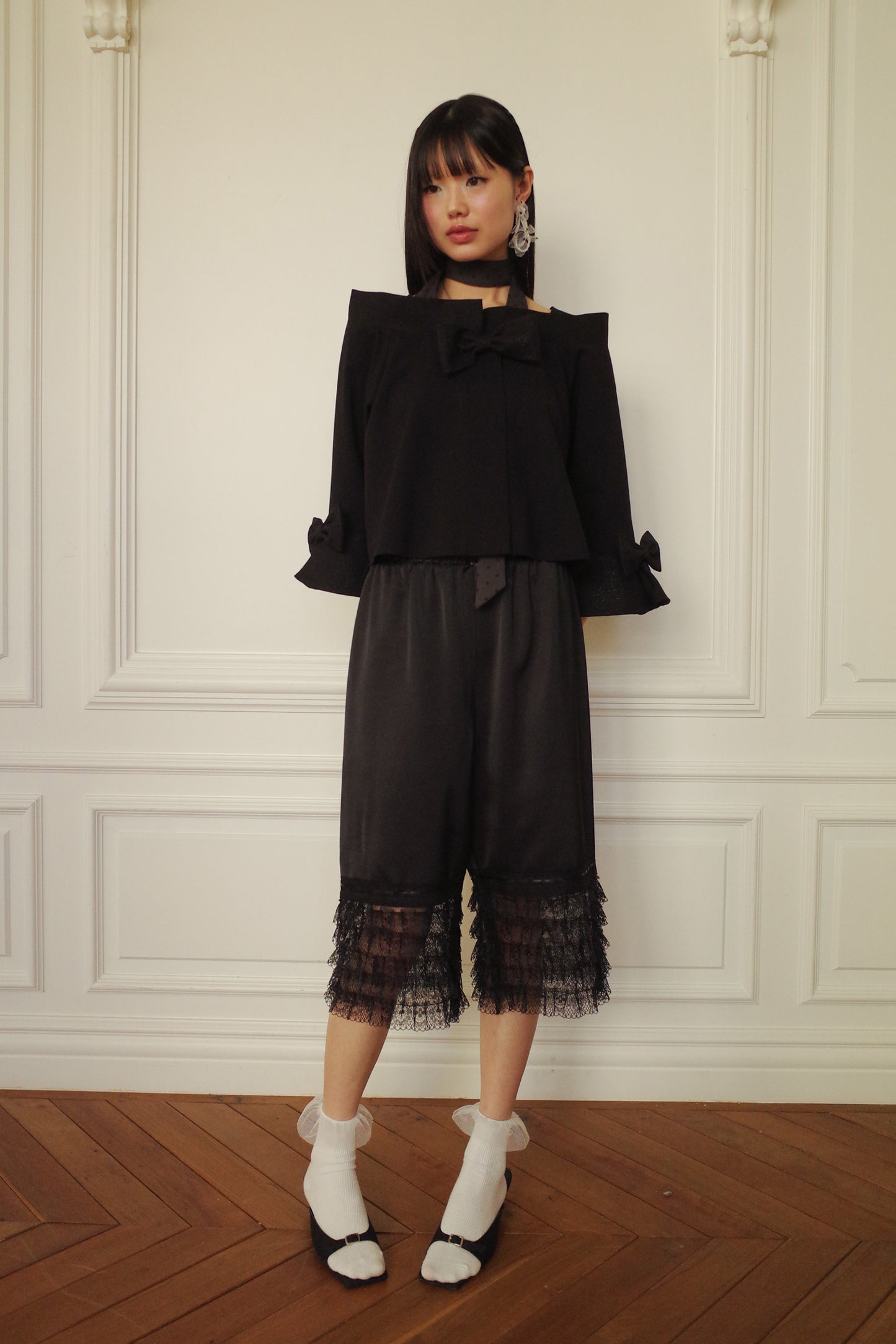 Tiered Lace Satin Pants (Black)