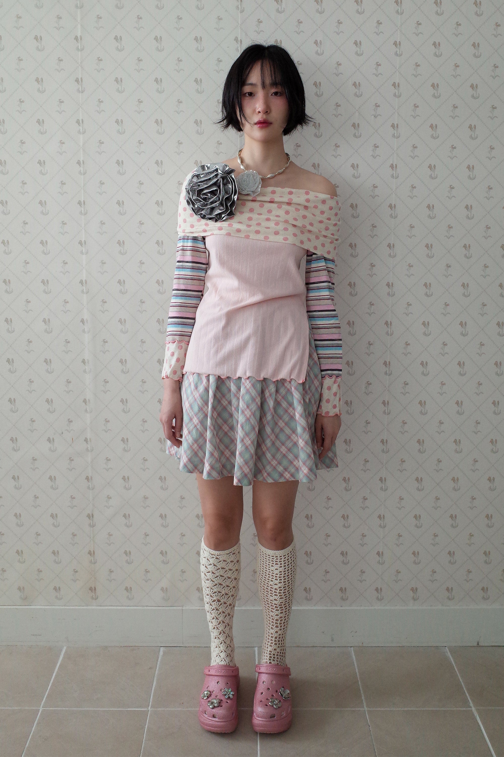 Multi Pattern Bardot Top pink