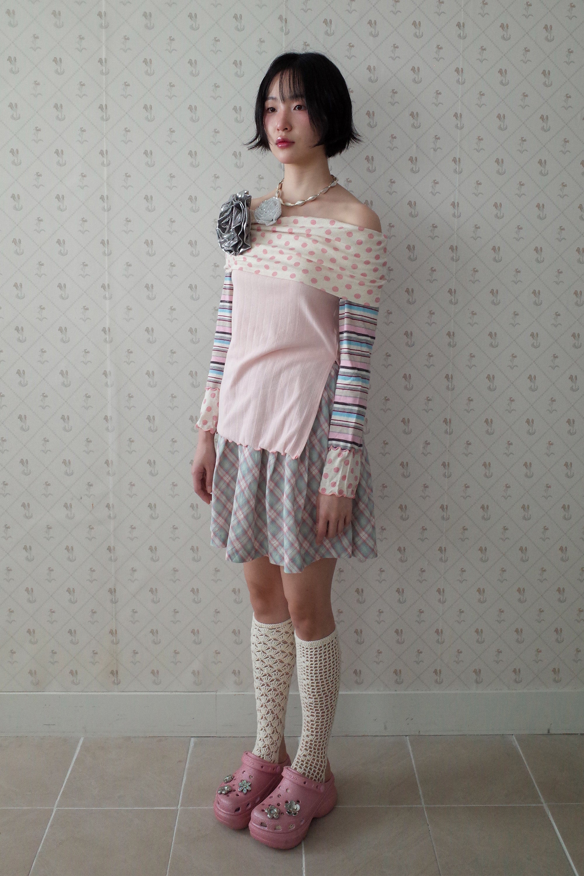 Multi Pattern Bardot Top pink