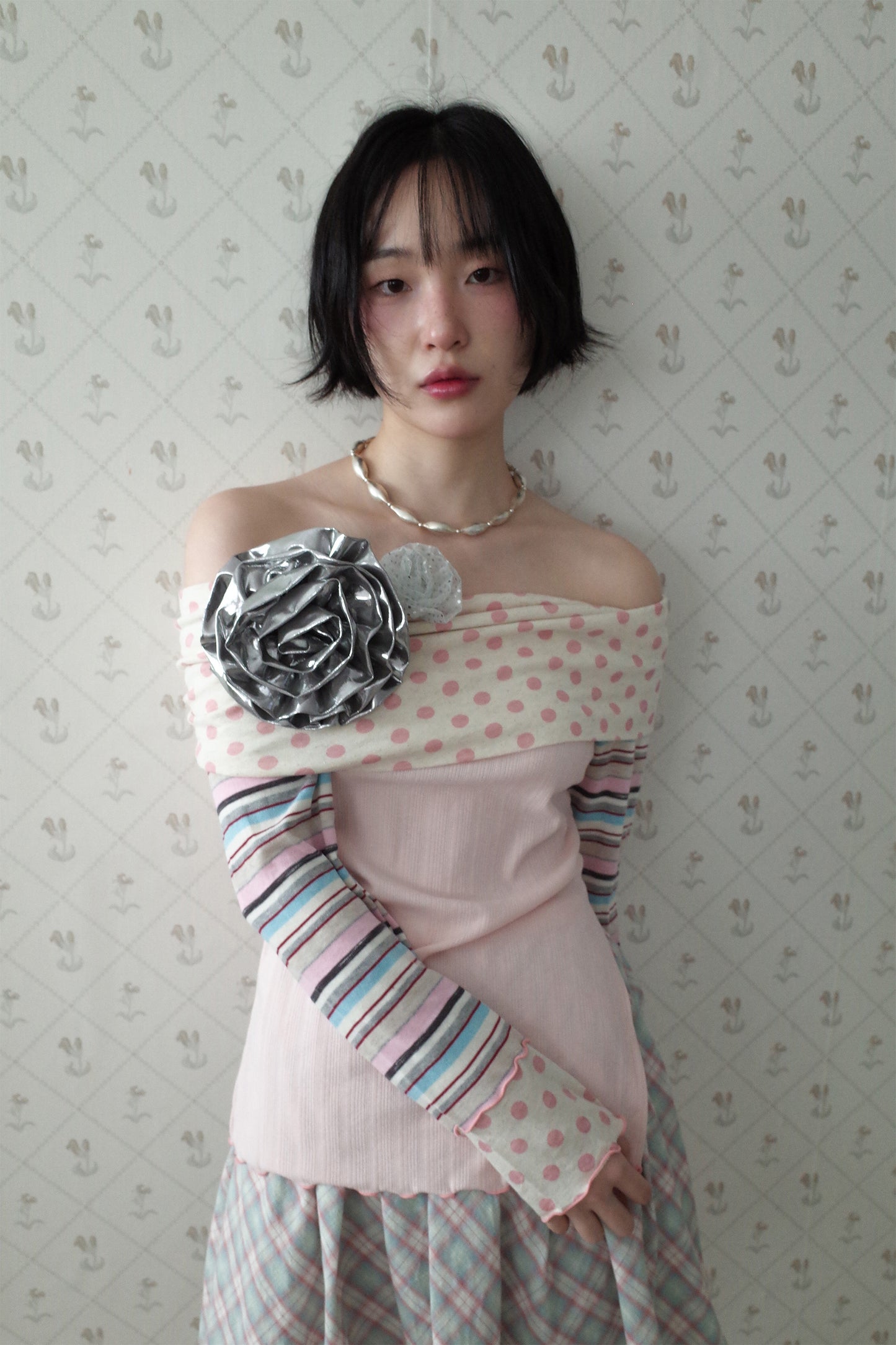 Multi Pattern Bardot Top (Pink)