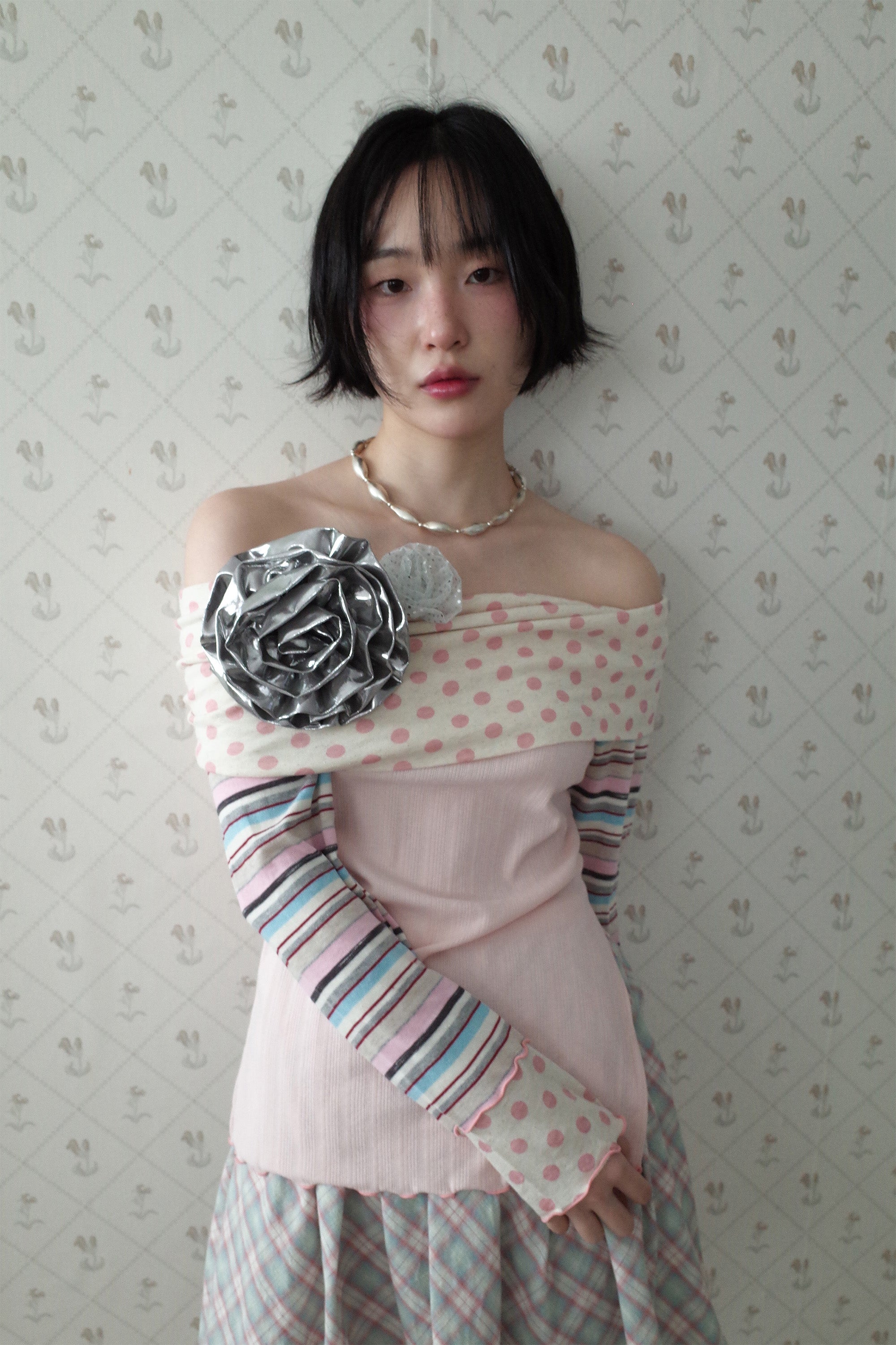 Multi Pattern Bardot Top pink