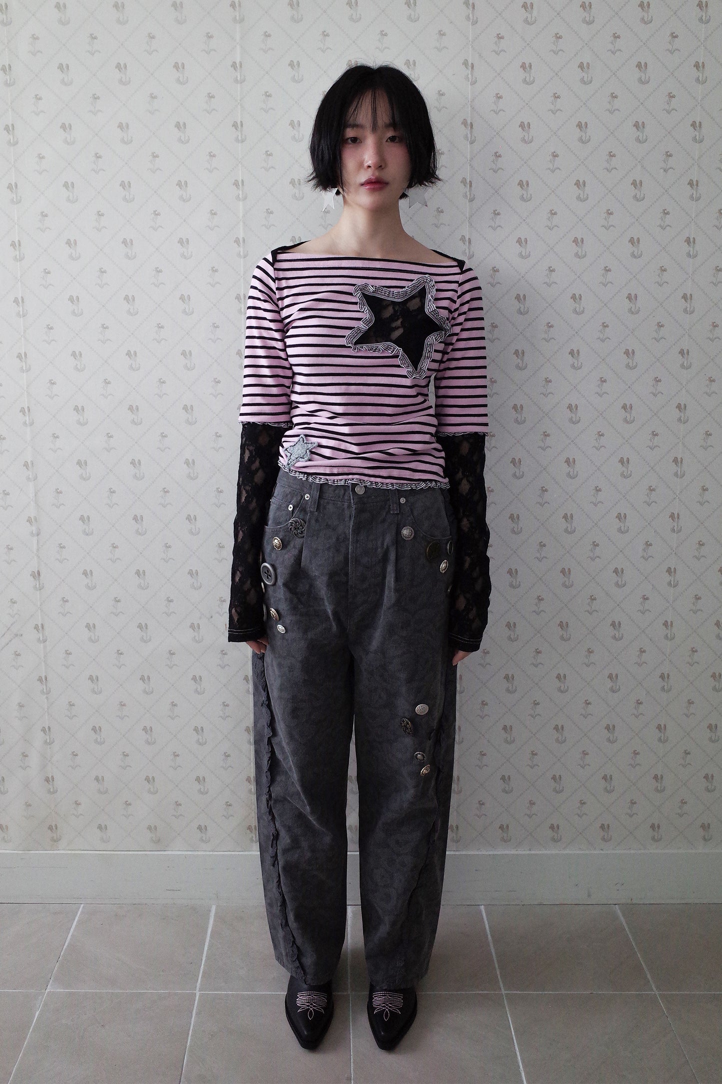 Collaged Stripe Star Top (Black)