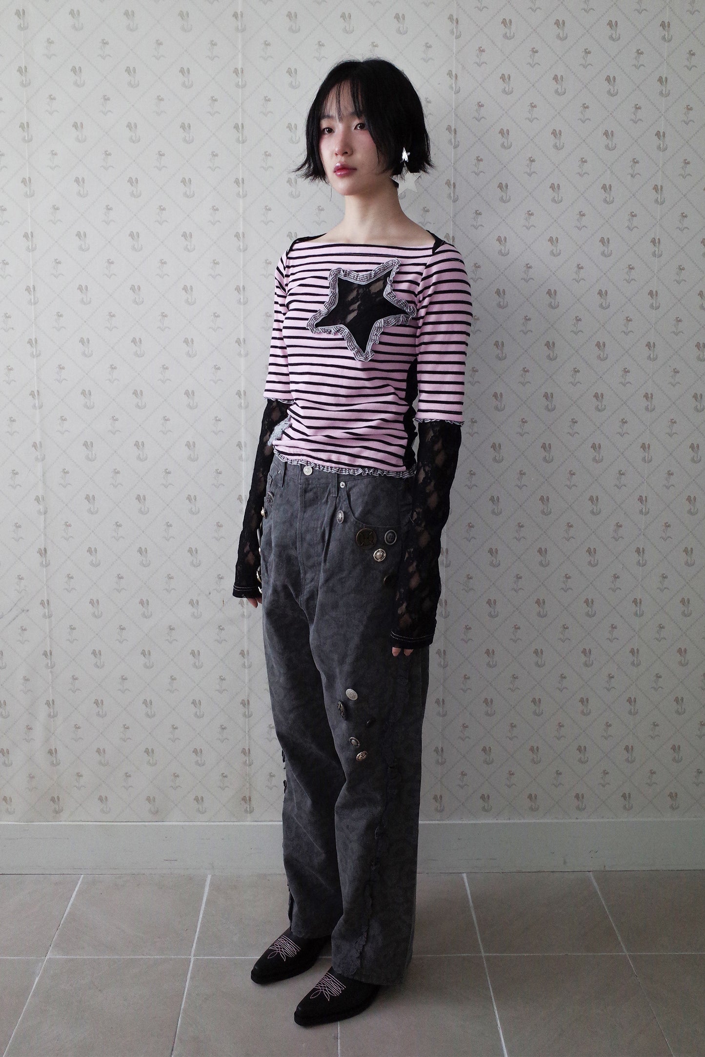 Collaged Stripe Star Top (Black)