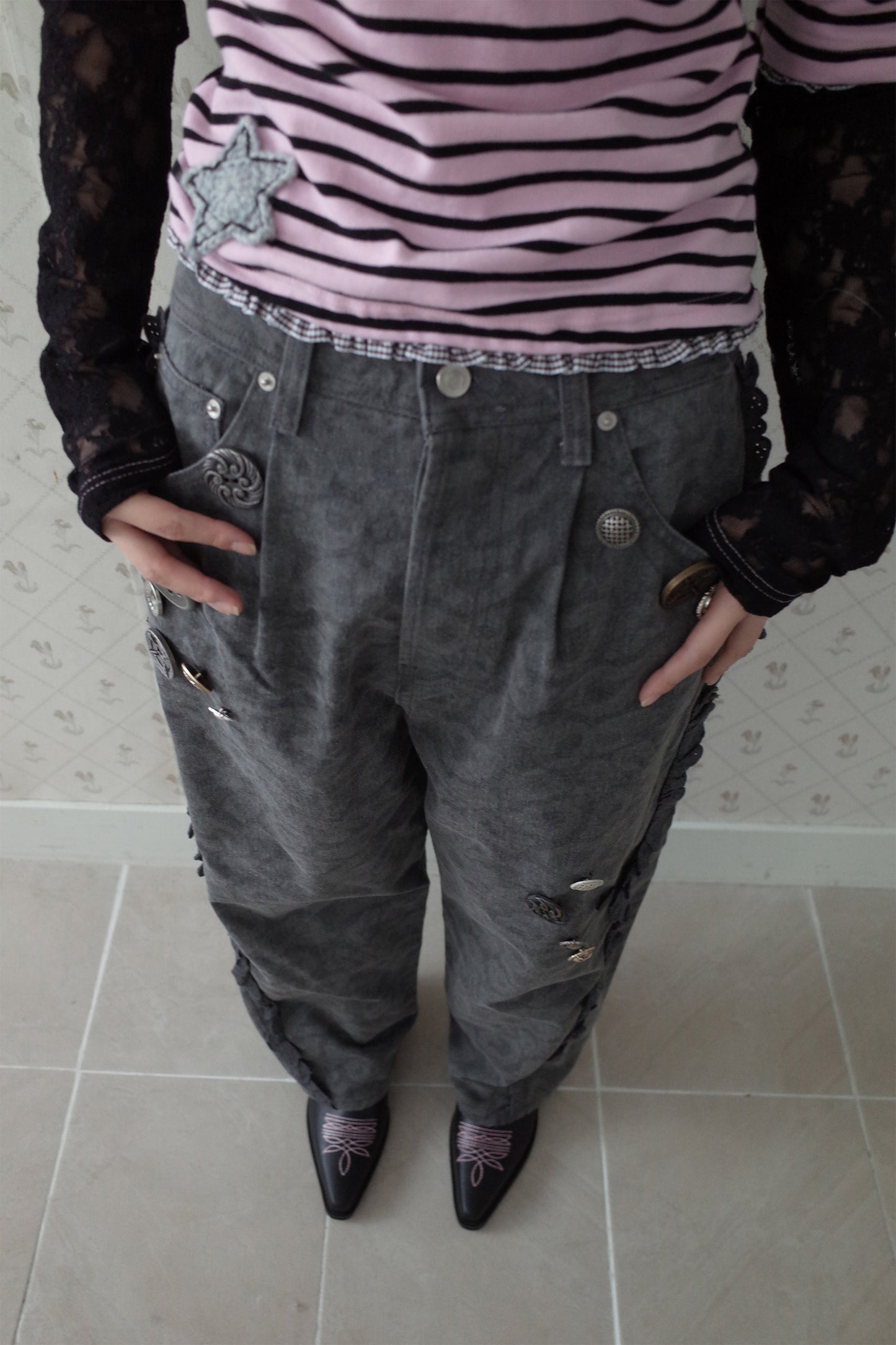 So Many Buttons Leopard Pants (Charcoal)