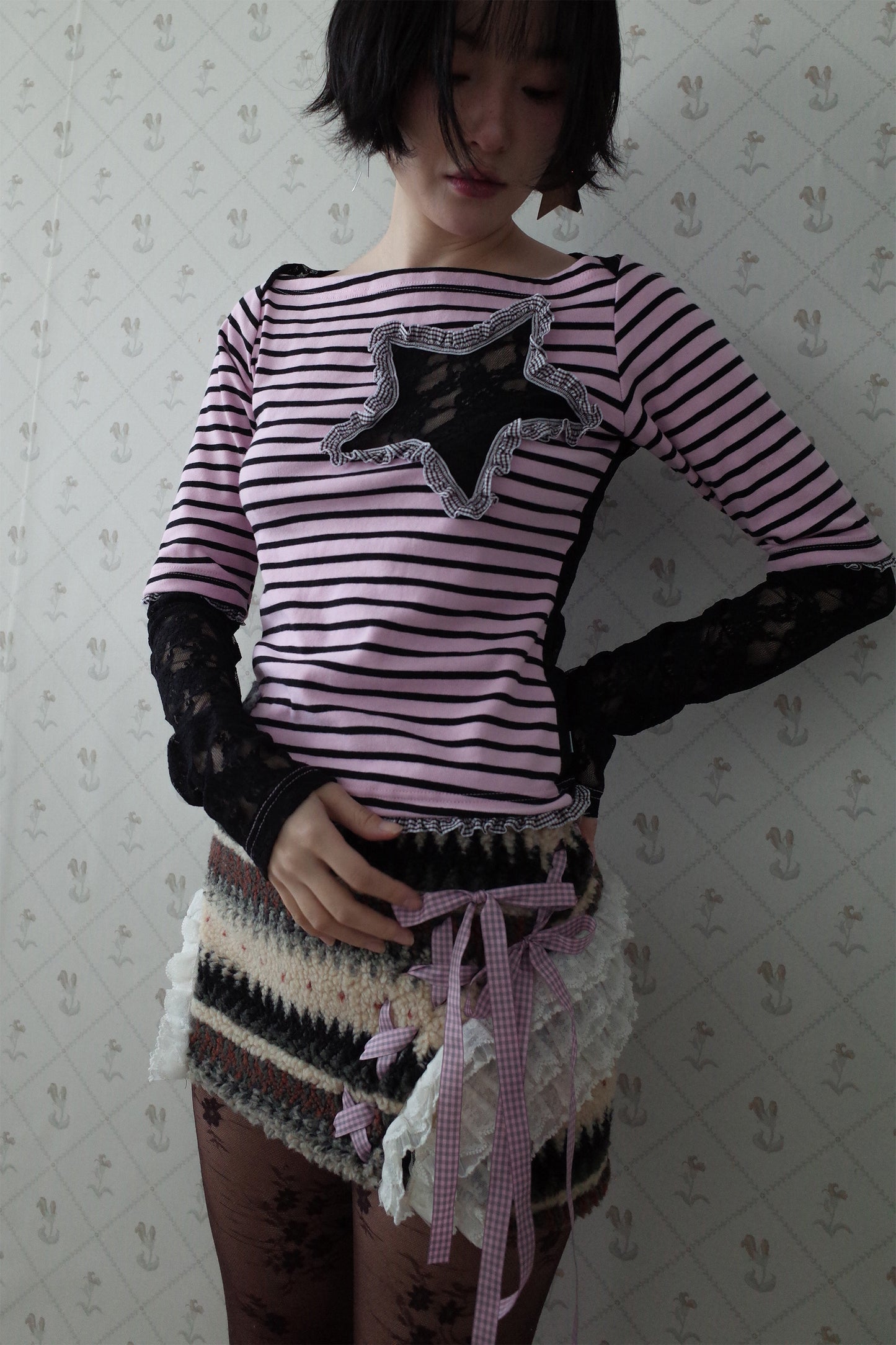 Collaged Stripe Star Top (Black)