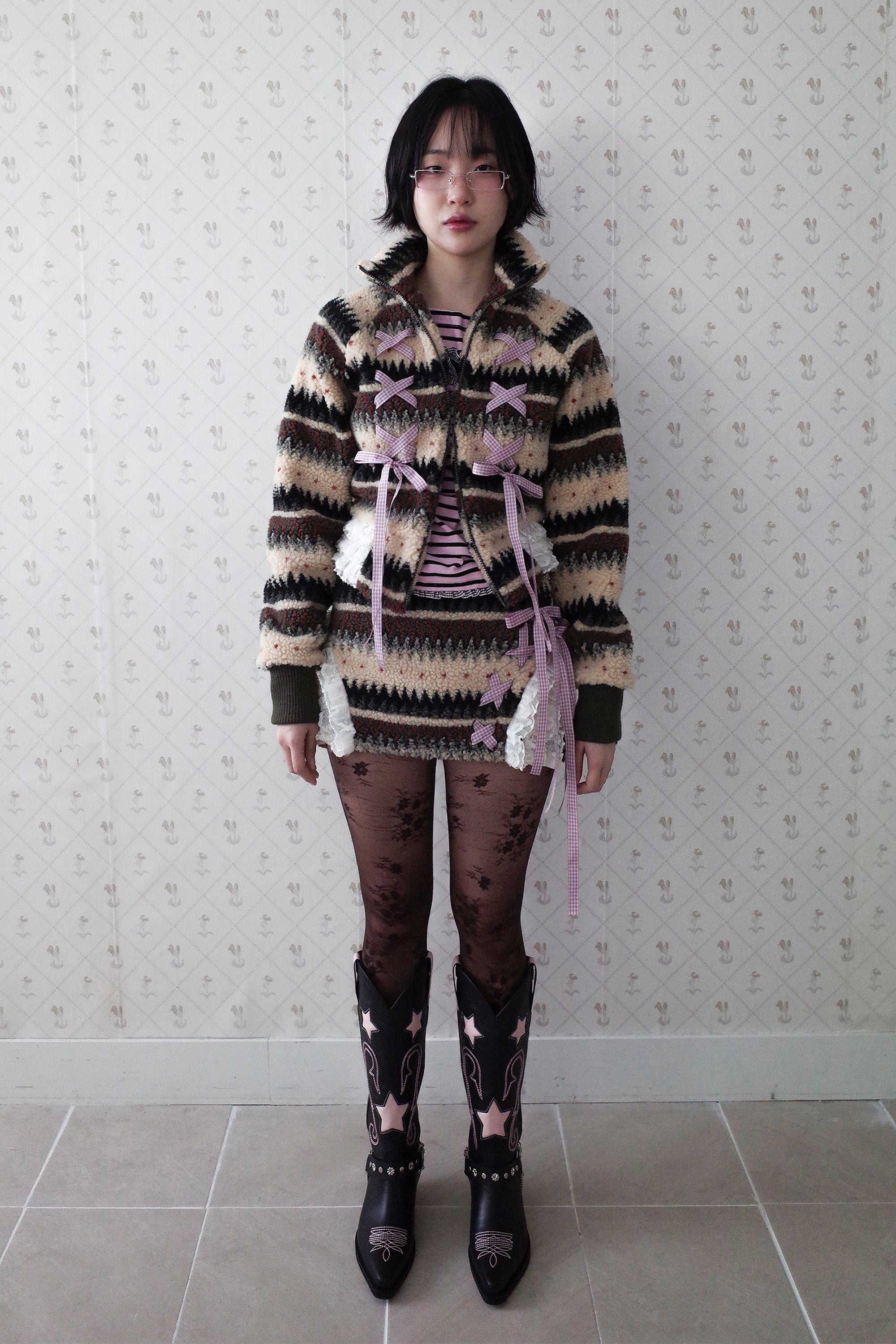 [12월중순 출고]Ribbon&lace teddy jumper beige