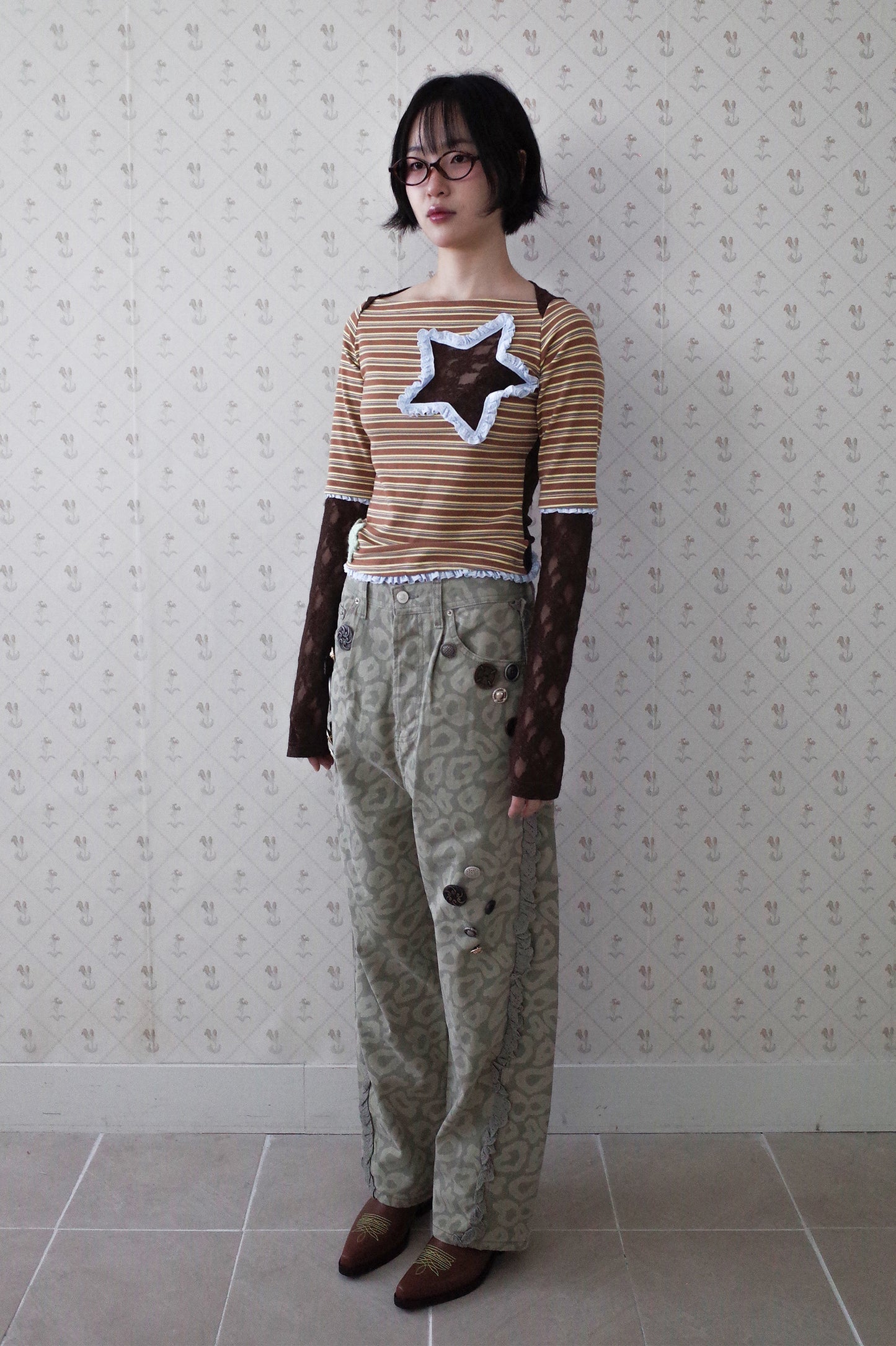 Collaged Stripe Star Top (Brown)