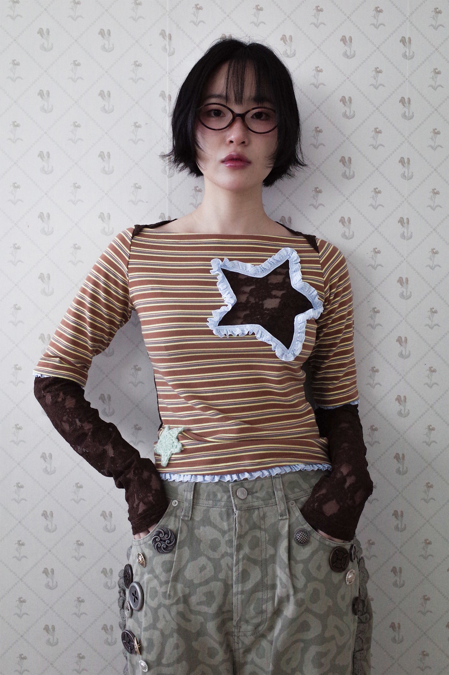 Collaged Stripe Star Top (Brown)