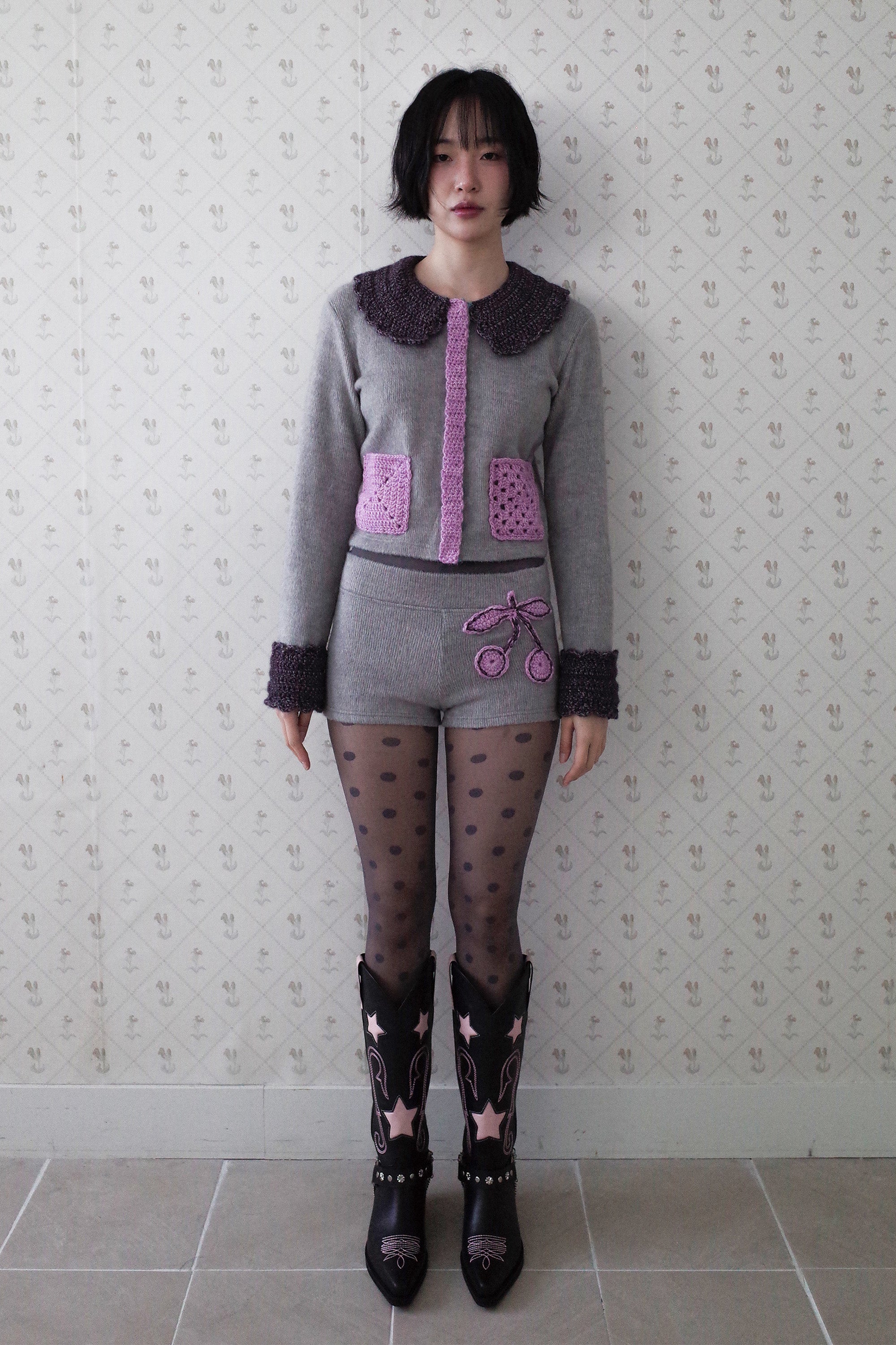 [12월 중순 출고]Crochet peter pan cardigan grey