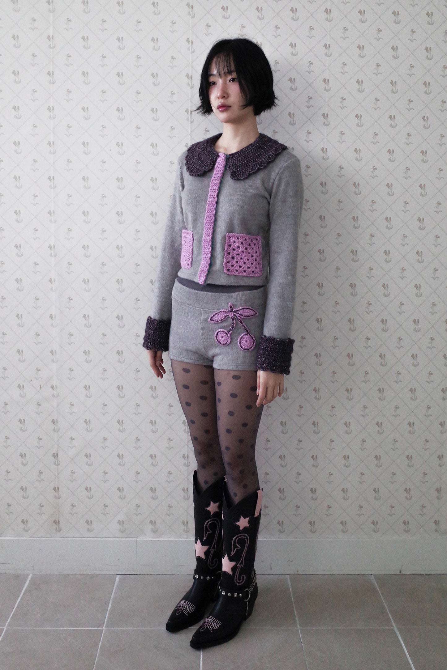 Crochet Cherry Shorts (Grey)