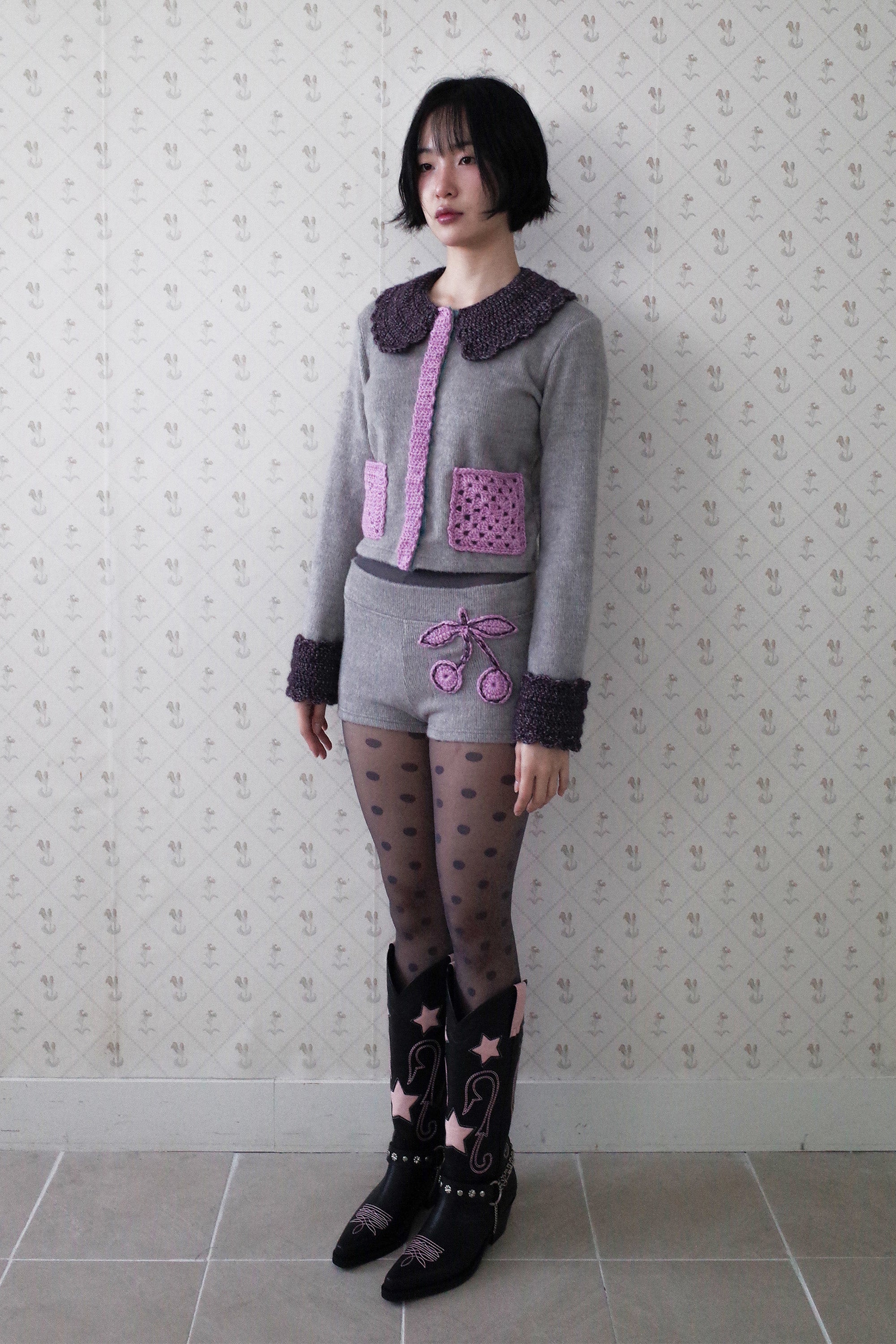 [12월 중순 출고]Crochet cherry shorts grey