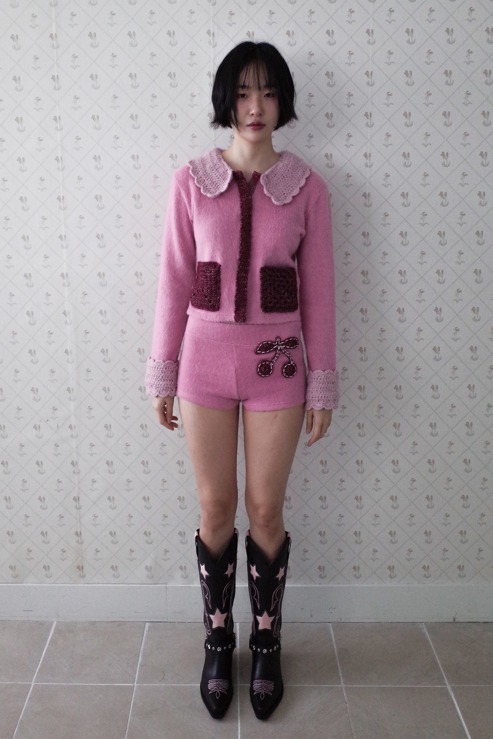 [12월 중순 출고]Crochet peter pan cardigan pink