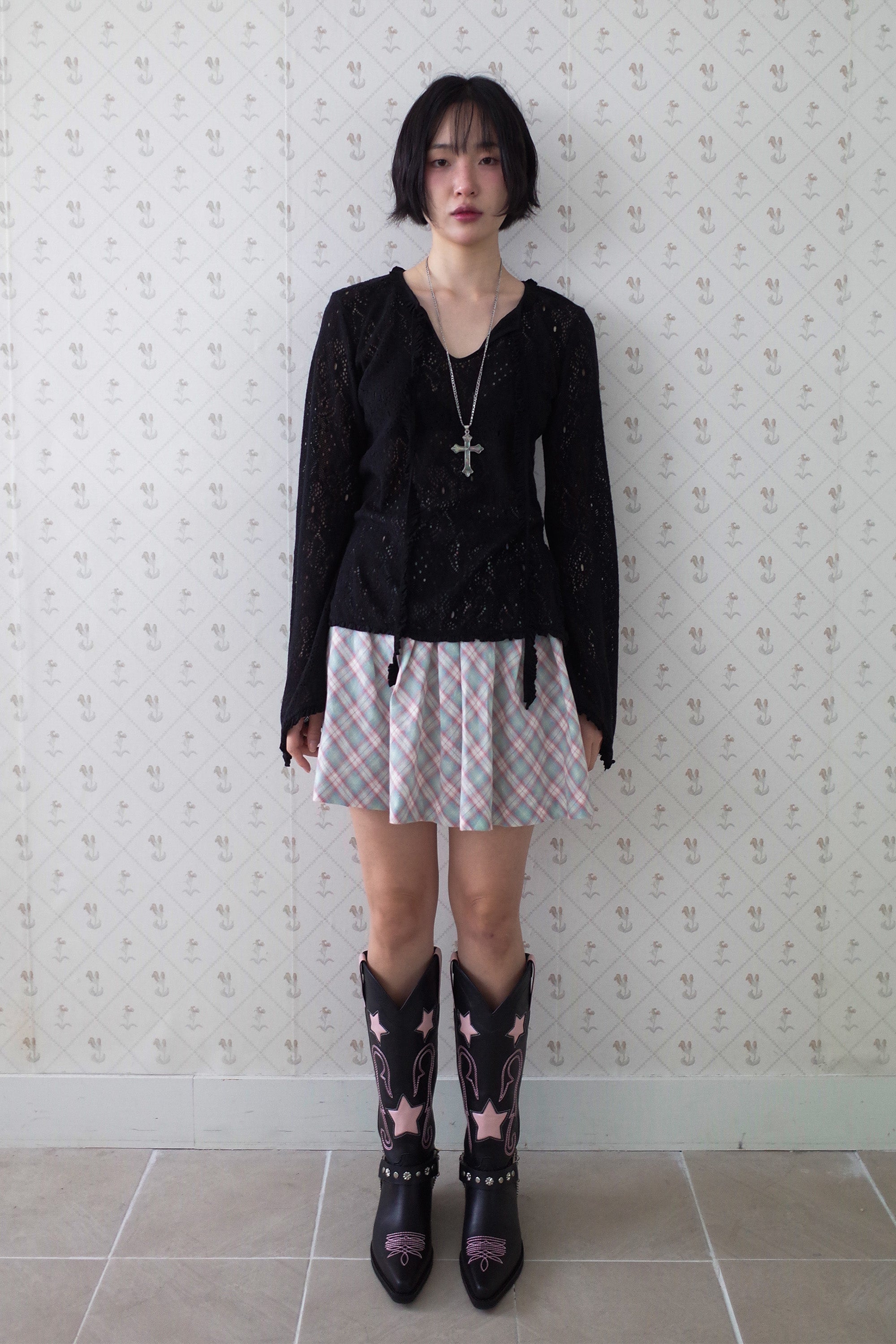 Brushed lace tunic top black