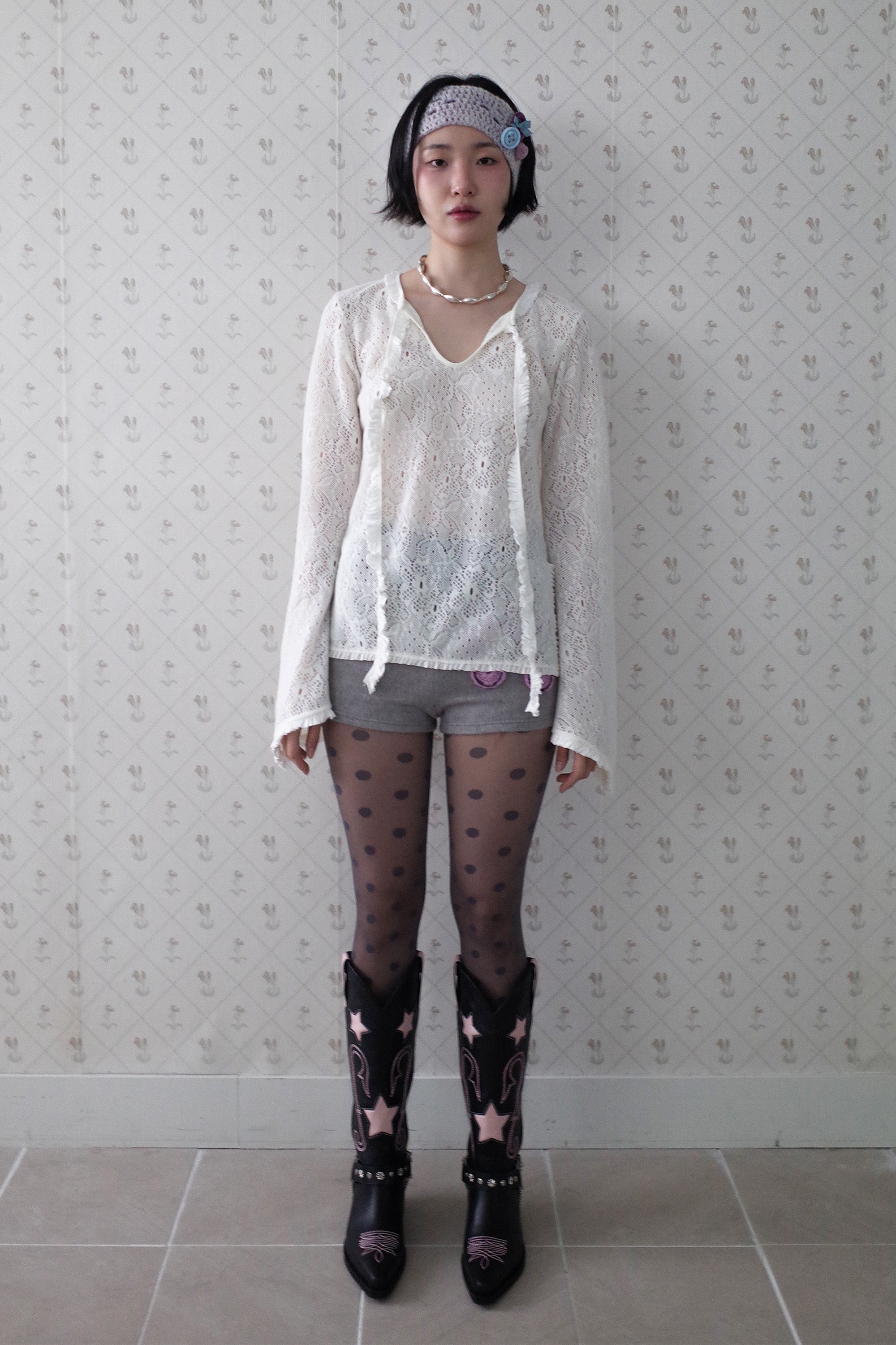 Brushed lace tunic top white